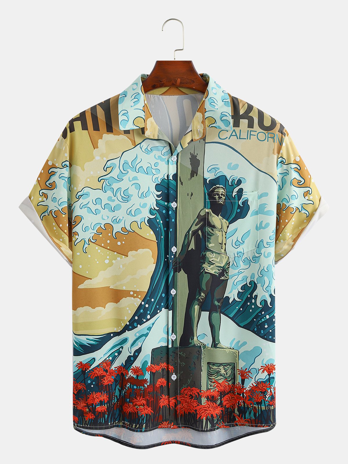 Men's Ocean Surfboard Print Casual Breathable Hawaiian Short Sleeve Shirt