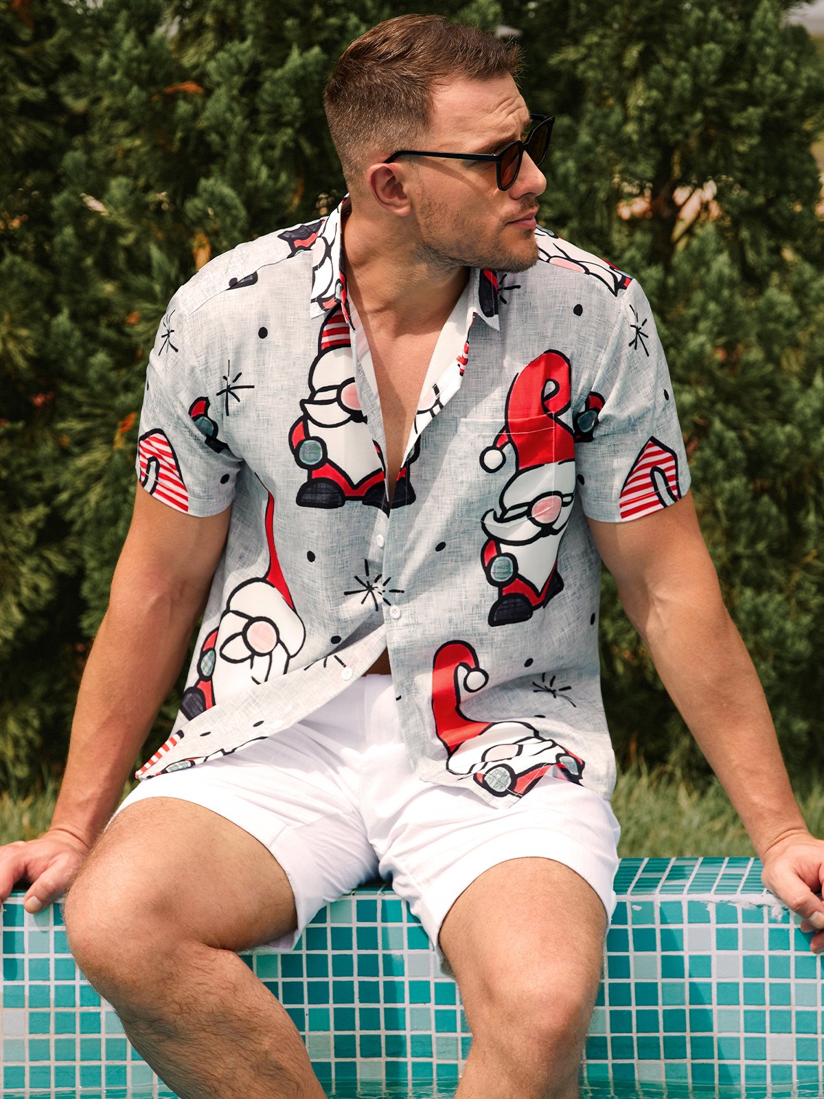 Men's Santa Print Casual Breathable Short Sleeve Shirt