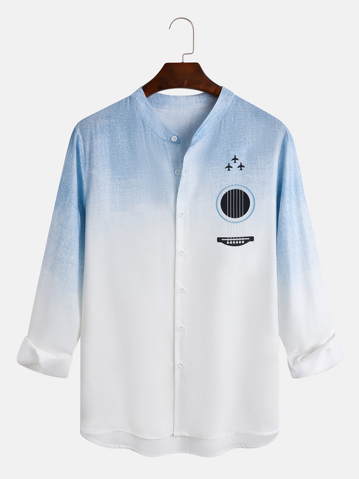 Cotton and linen style lie fallow gradient guitar printing flax long sleeve Shirt