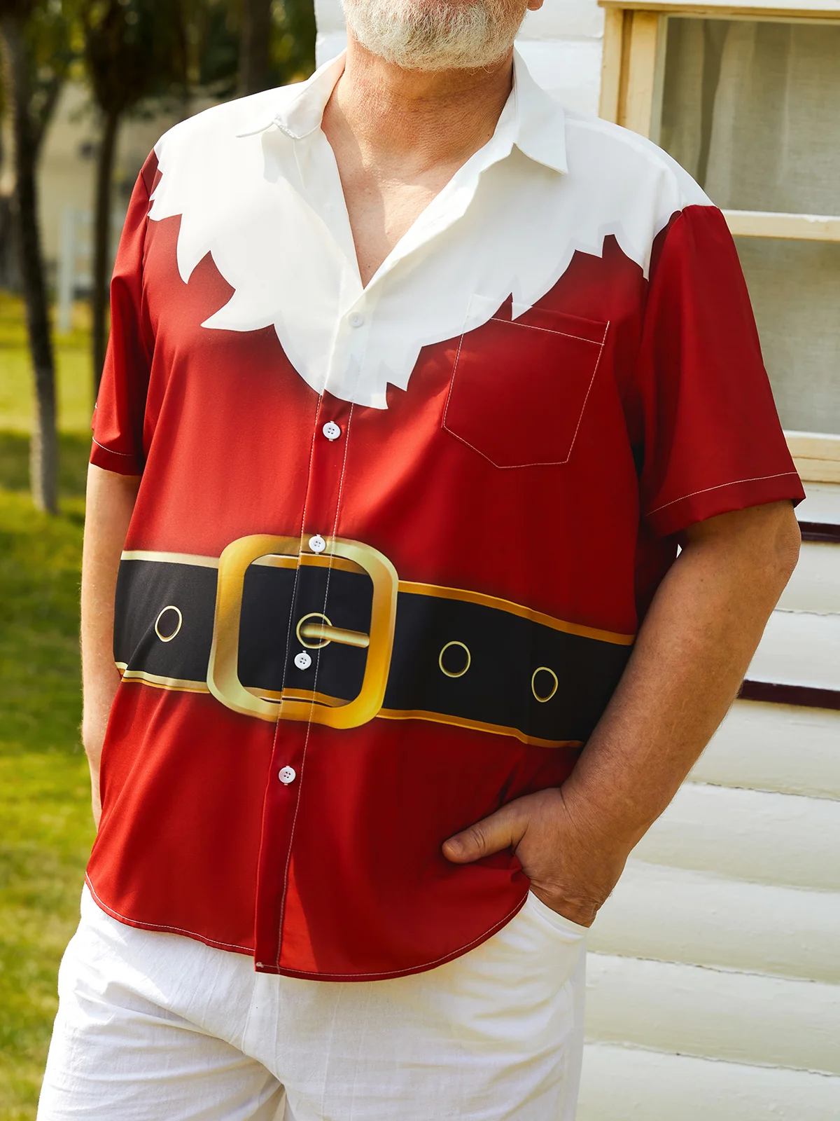 Mens Christmas Print Short Sleeve Shirt Lapel Pocket Hawaiian Shirt