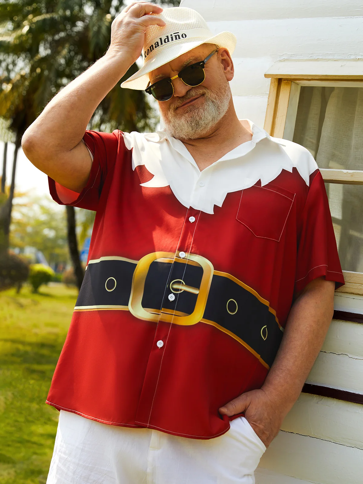 Mens Christmas Print Short Sleeve Shirt Lapel Pocket Hawaiian Shirt