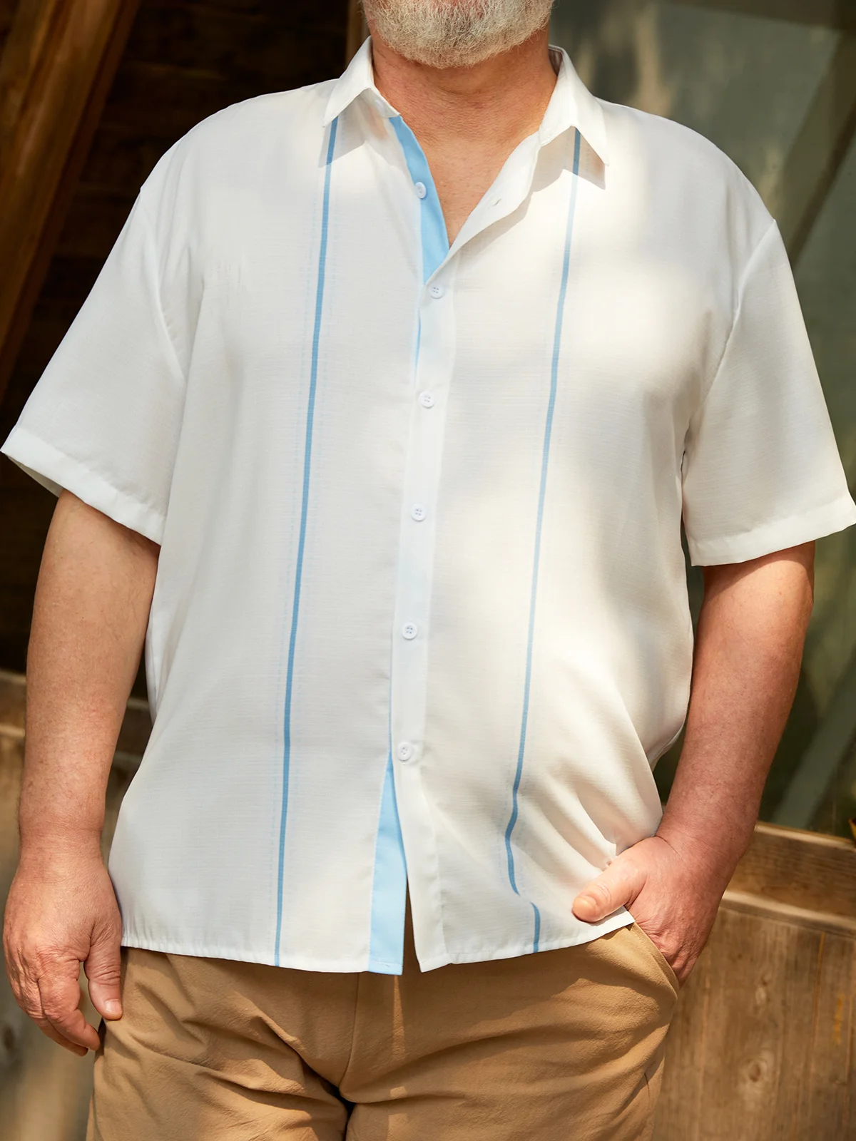 Big Size Stripe Contrast Short Sleeve Guayabera Shirt