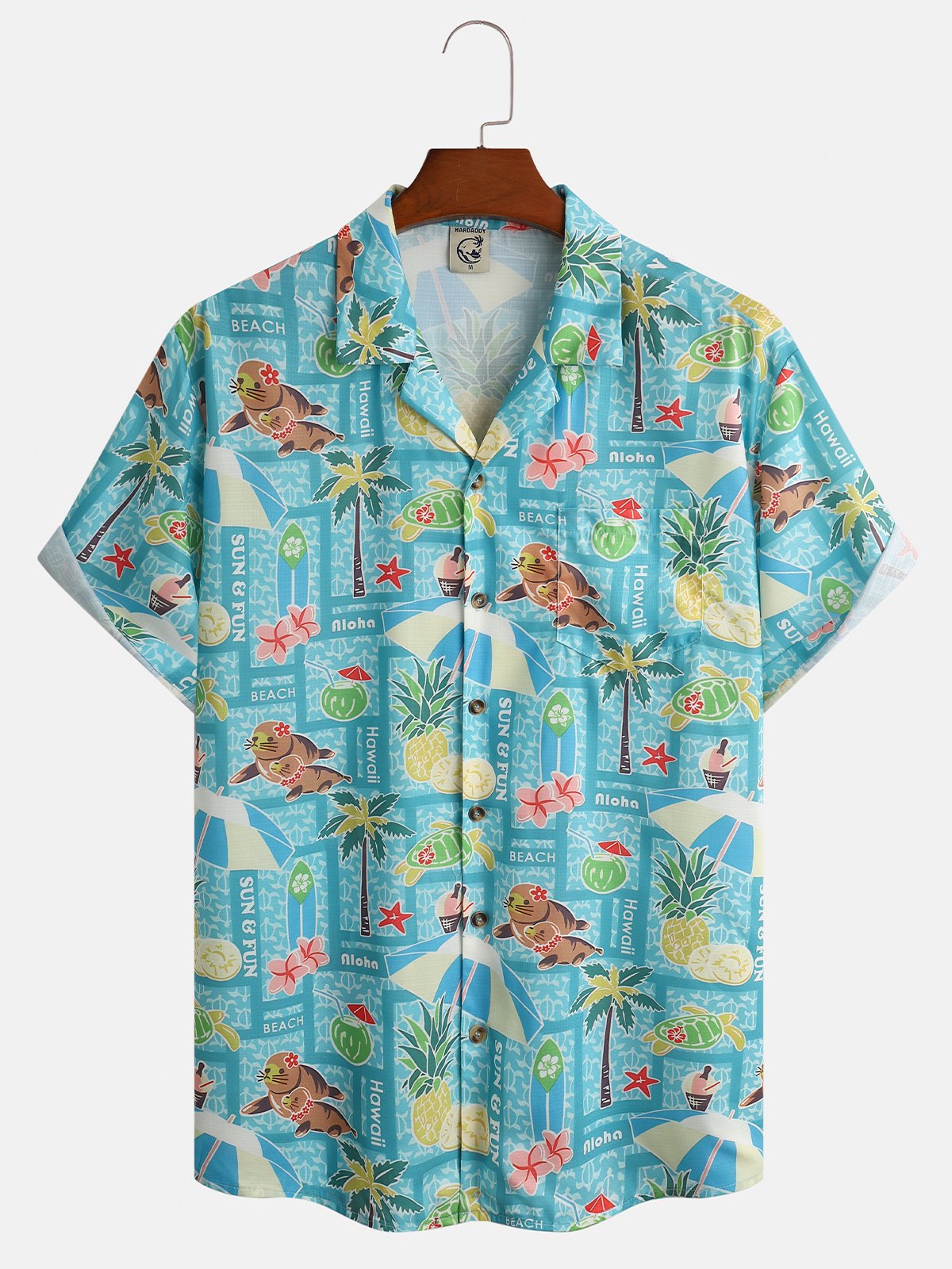 Coconut Tree Seal Print Chest Pocket Short Sleeve Resort Shirt
