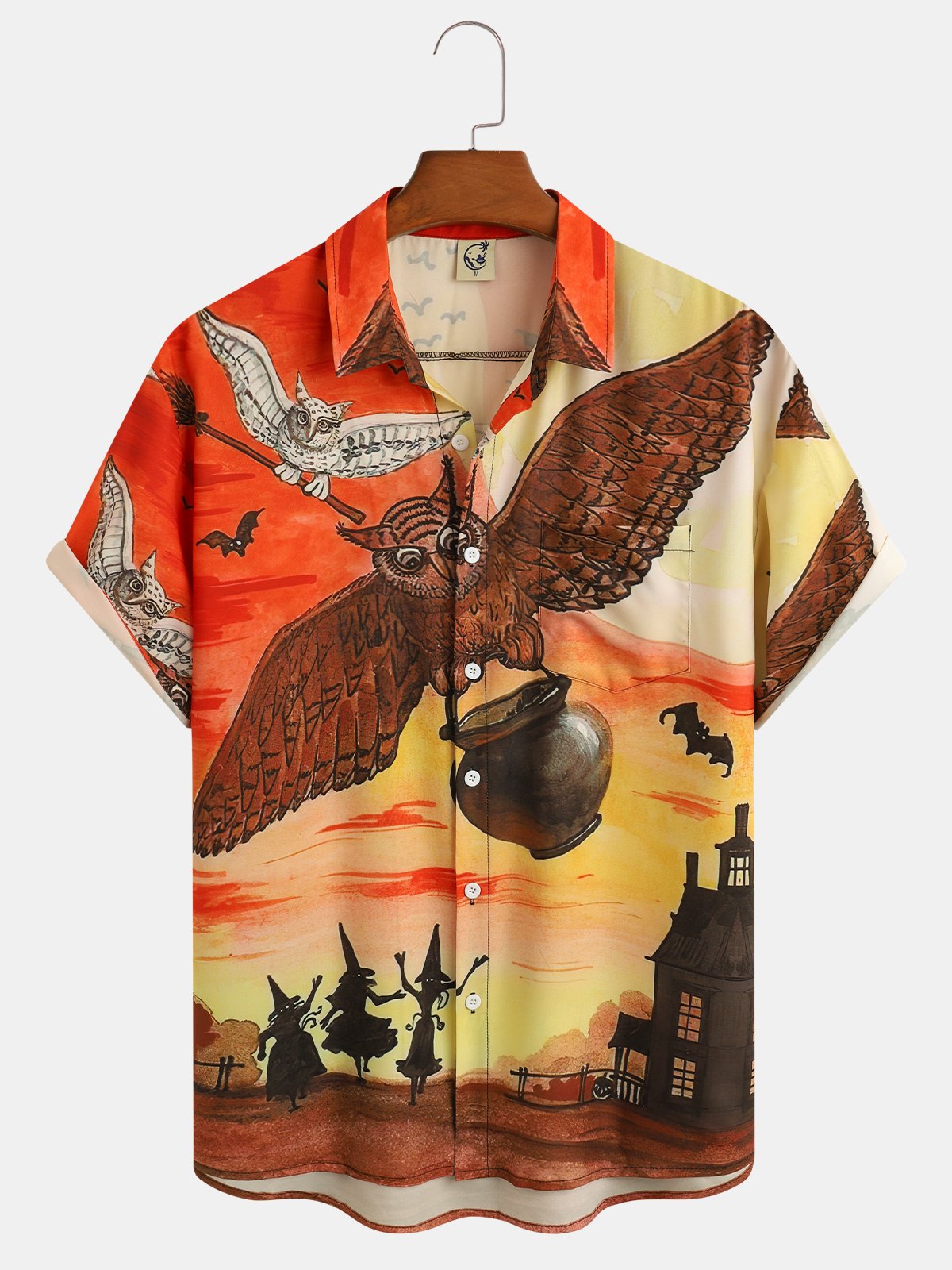 Men's Halloween Print Short Sleeve Hawaiian Shirt with Chest Pocket