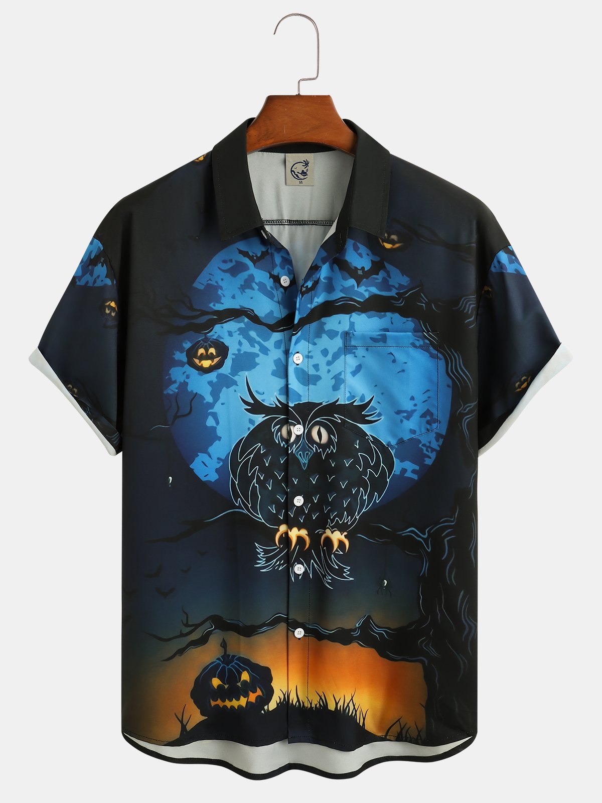 Men's Halloween Print Short Sleeve Hawaiian Shirt with Chest Pocket