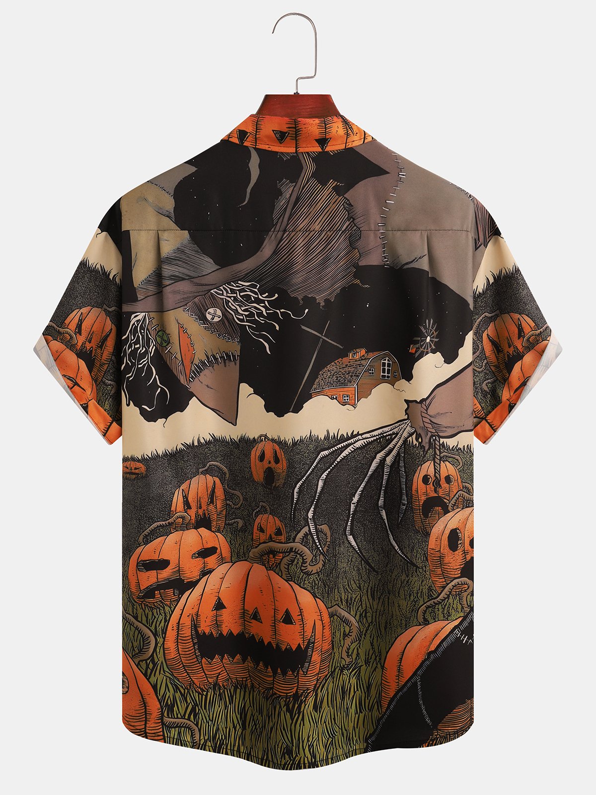 Men's Halloween Pumpkin Print Moisture Wicking Fabric Fashion Lapel Short Sleeve Shirts