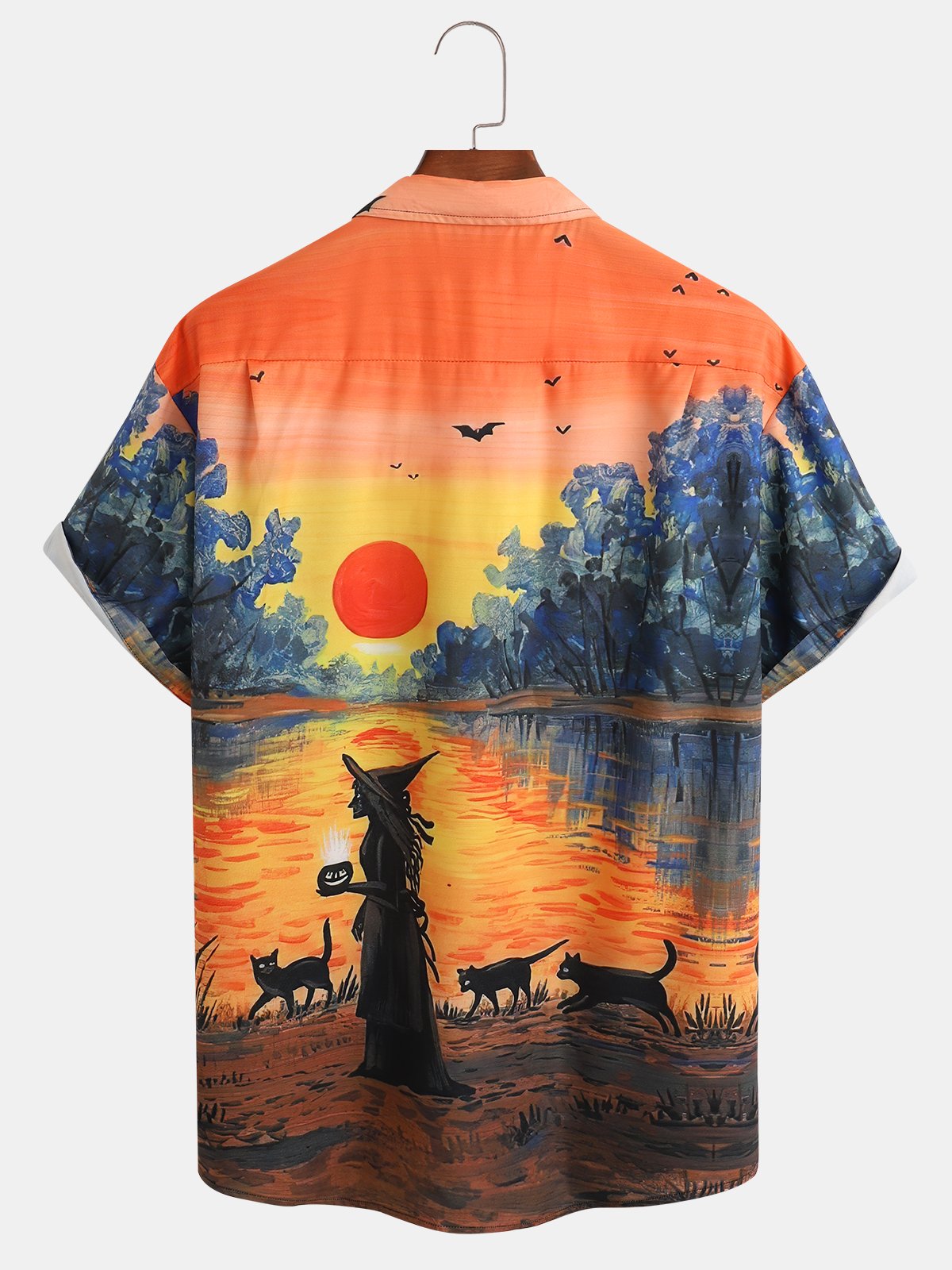 Men's Halloween Print Short Sleeve Hawaiian Shirt with Chest Pocket