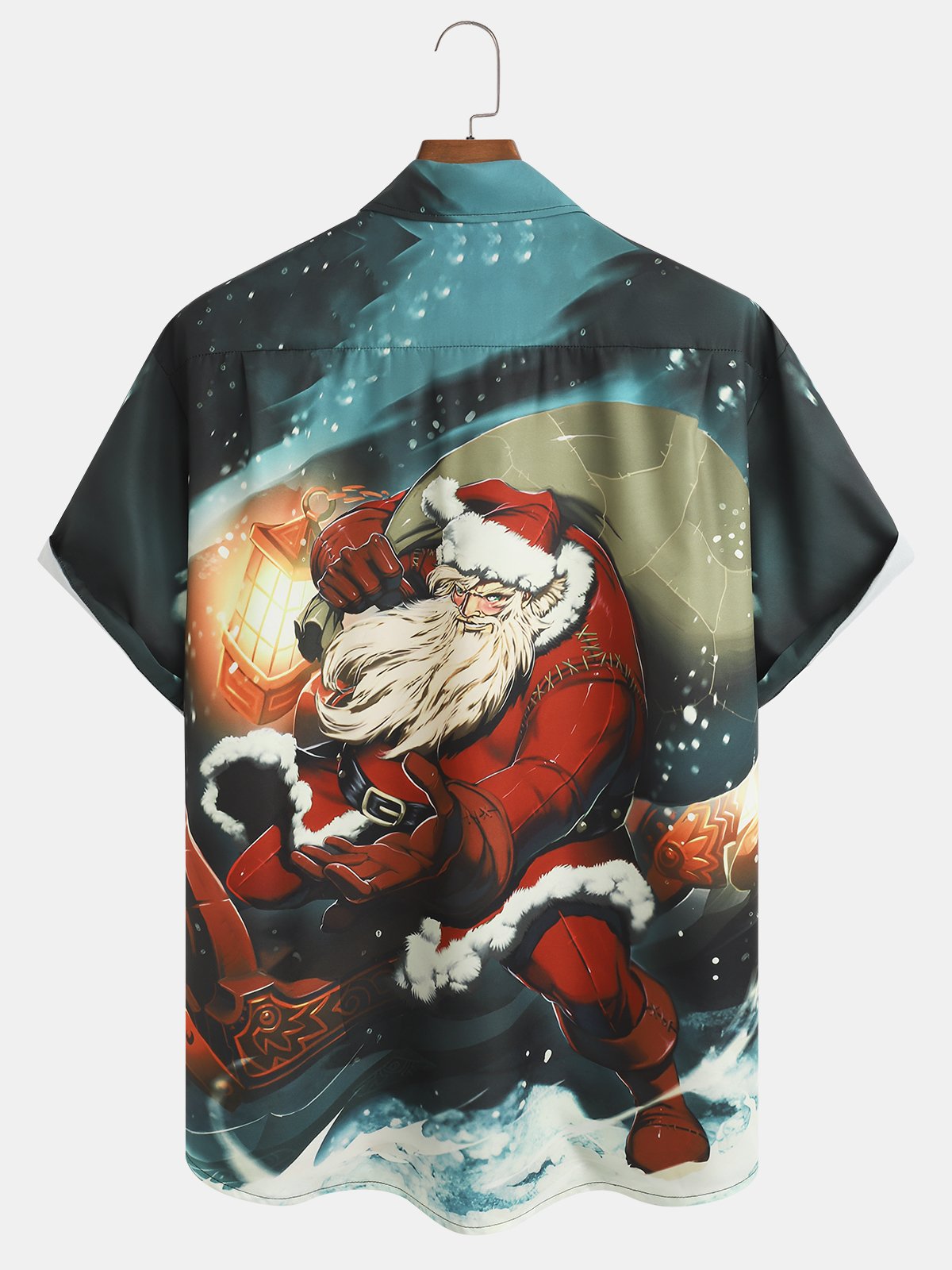 Men's Santa Print Moisture Wicking Fabric Fashion Lapel Short Sleeve Hawaiian Shirt