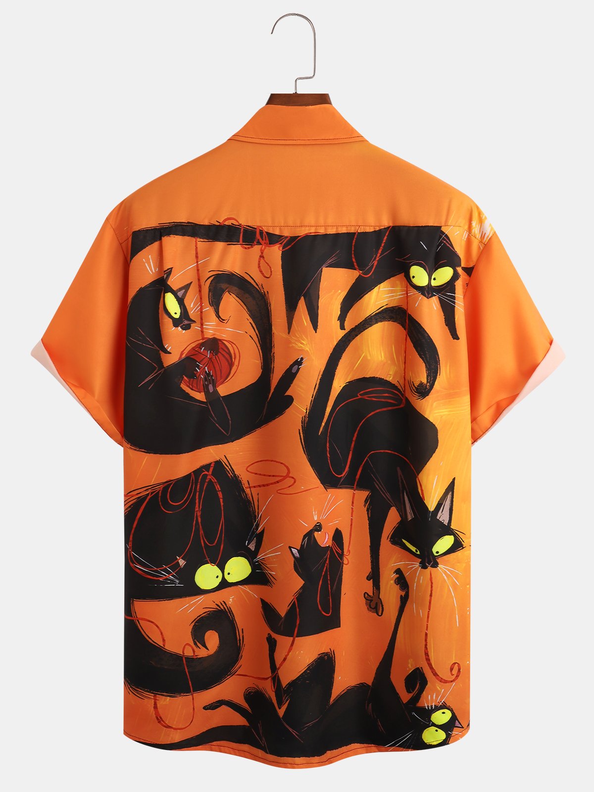 Men's Halloween Cat Print Moisture Wicking Fabric Fashion Lapel Short Sleeve Shirts