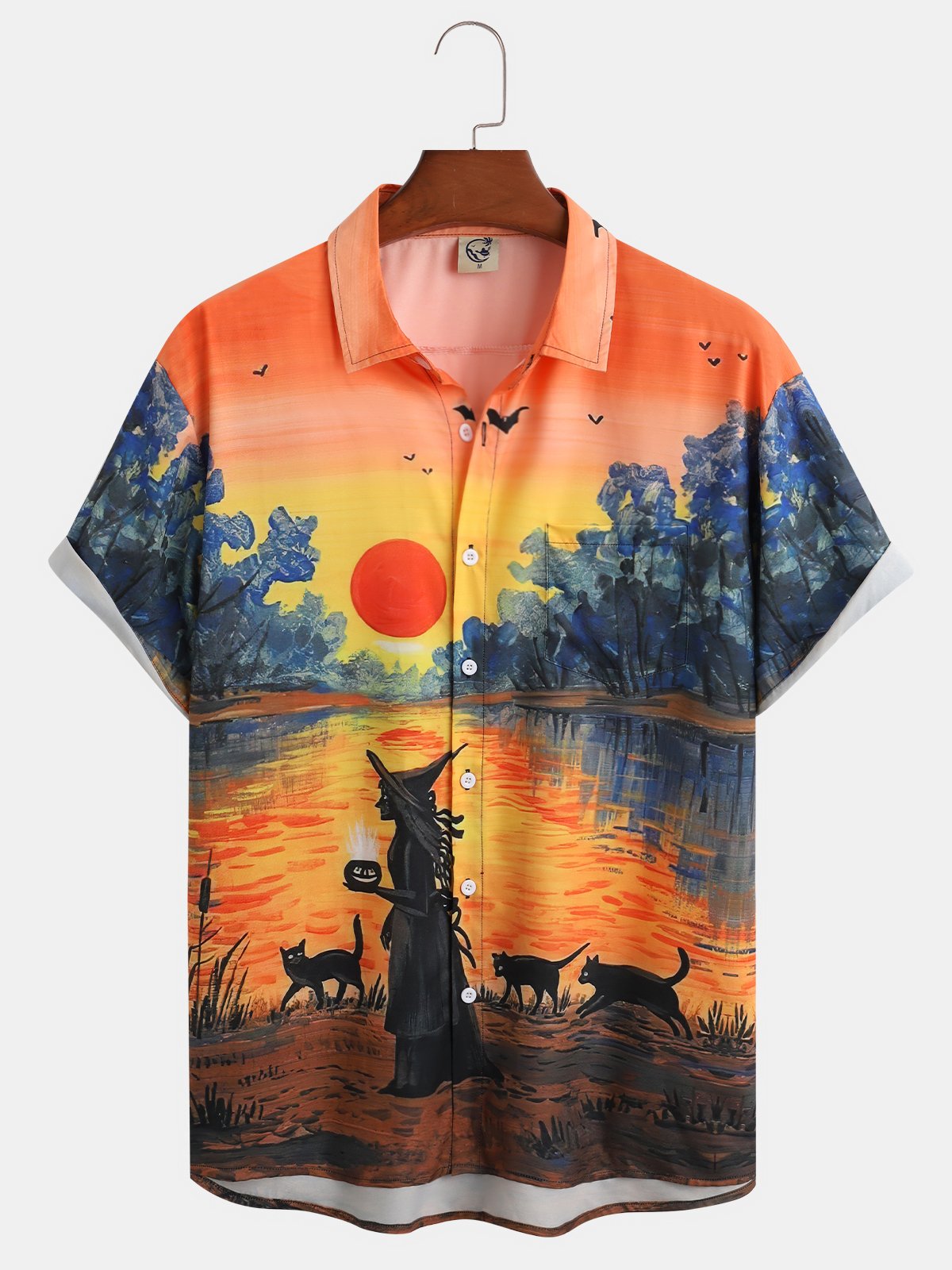 Men's Halloween Print Short Sleeve Hawaiian Shirt with Chest Pocket