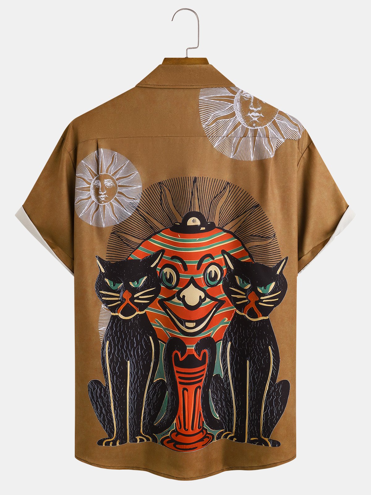 Men's Halloween Cat Print Moisture Wicking Fabric Fashion Lapel Short Sleeve Shirts