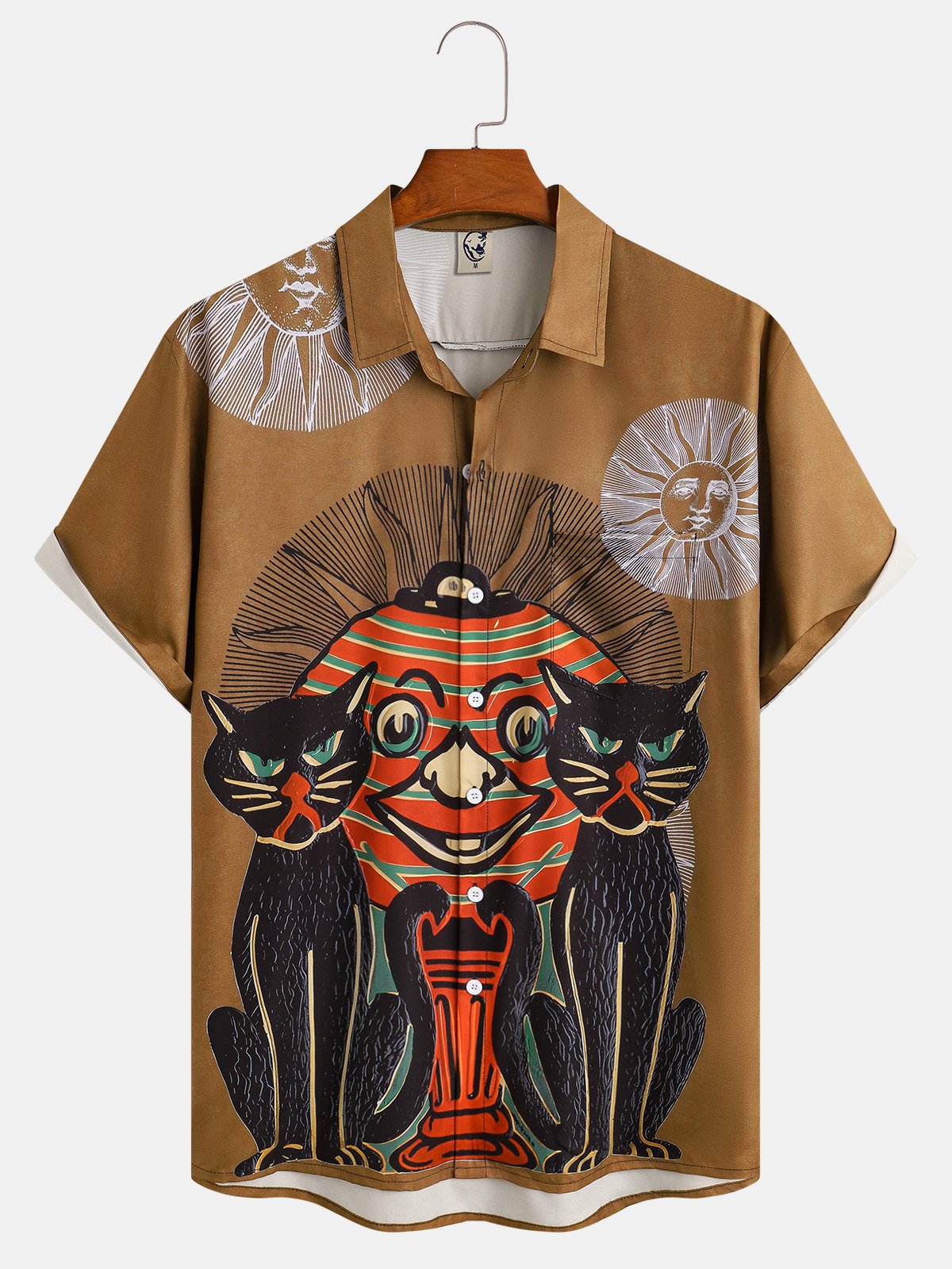 Men's Halloween Cat Print Moisture Wicking Fabric Fashion Lapel Short Sleeve Shirts