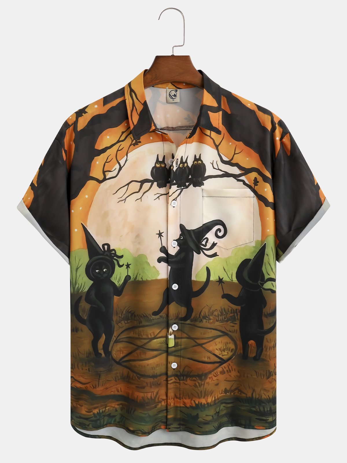 Men's Halloween Print Short Sleeve Hawaiian Shirt with Chest Pocket
