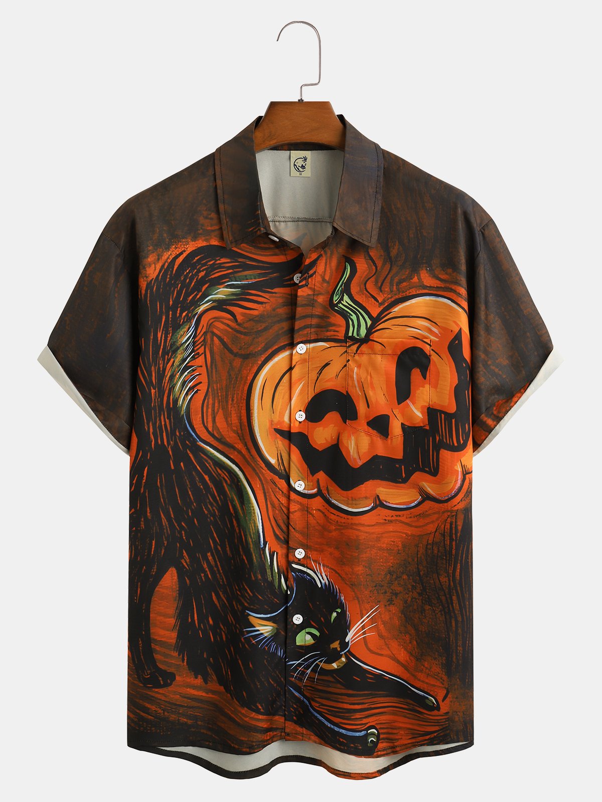 Men's Halloween Pumpkin Print Moisture Wicking Fabric Fashion Lapel Short Sleeve Shirts