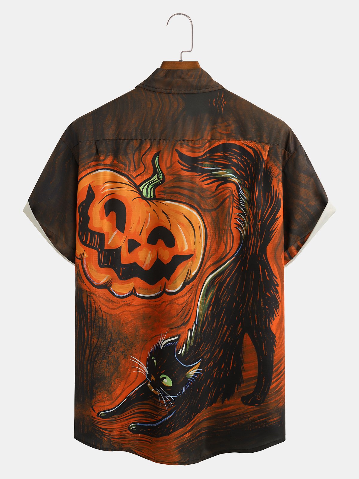 Men's Halloween Pumpkin Print Moisture Wicking Fabric Fashion Lapel Short Sleeve Shirts