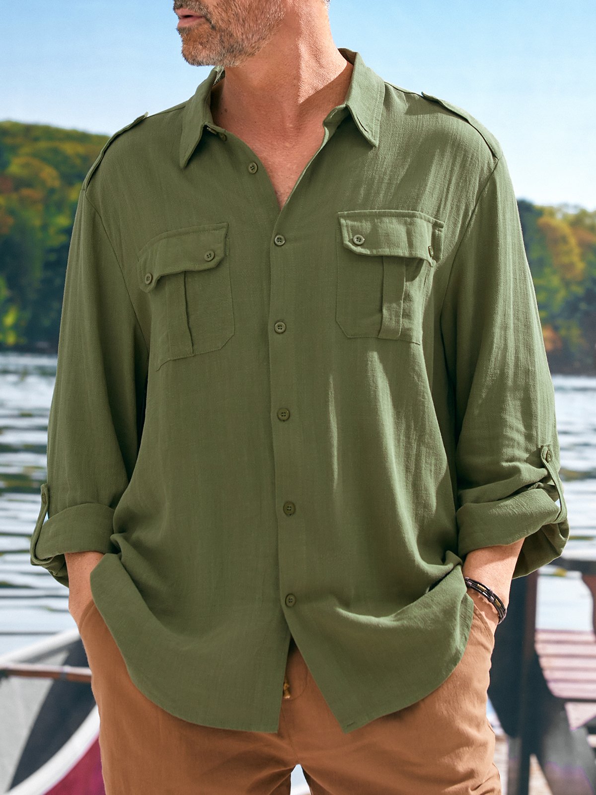 Men's Cotton Linen Style Work Pocket Long Sleeve Shirt