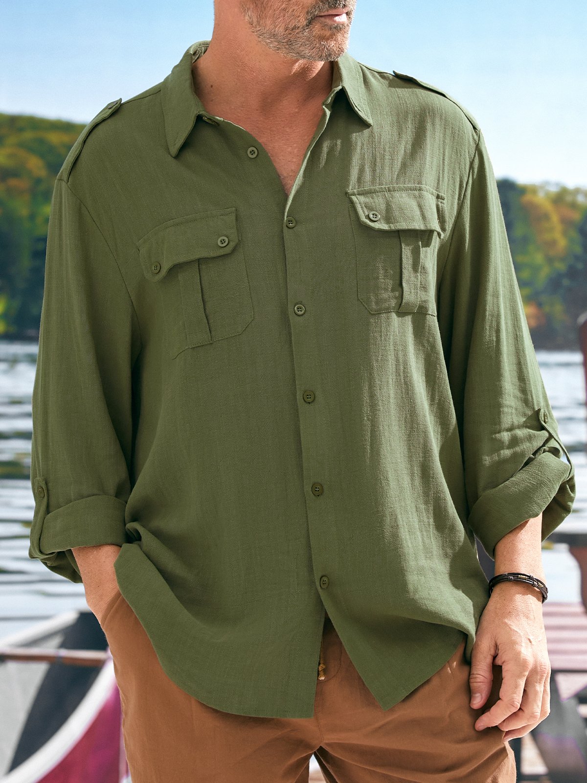 Men's Cotton Linen Style Work Pocket Long Sleeve Shirt