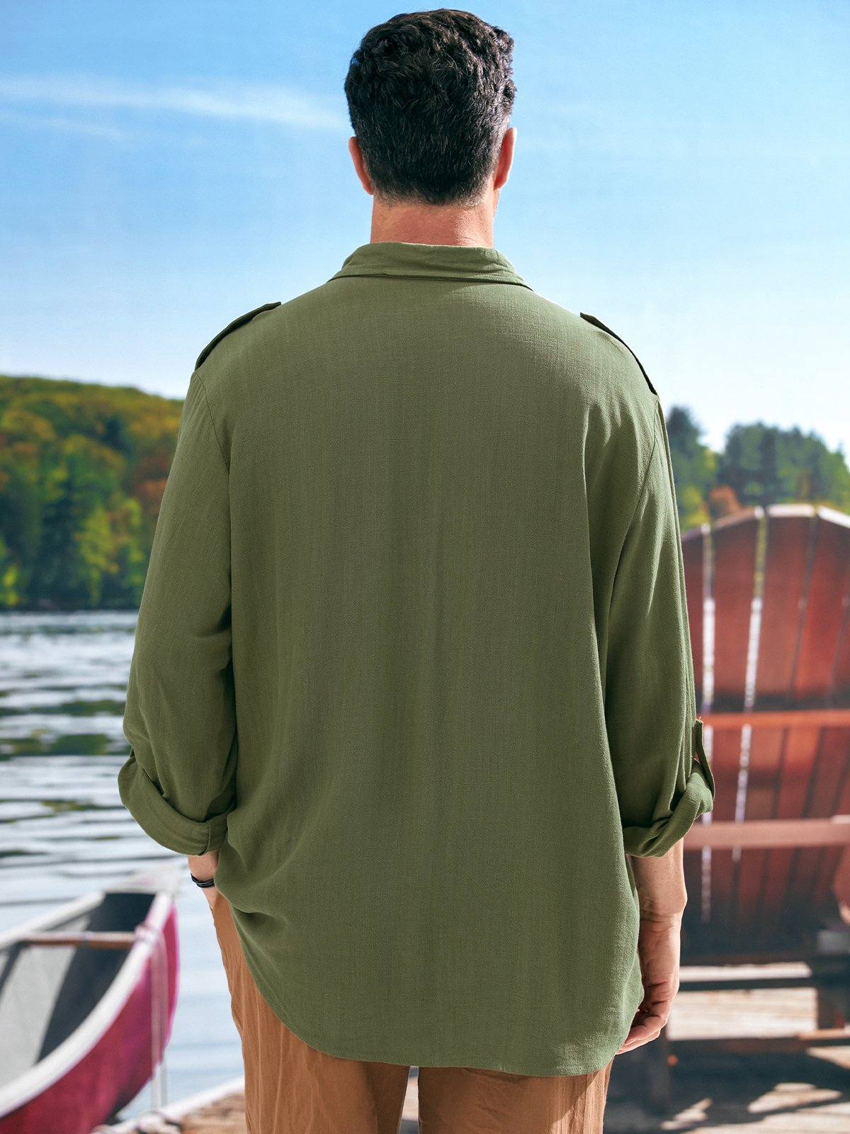Men's Cotton Linen Style Work Pocket Long Sleeve Shirt