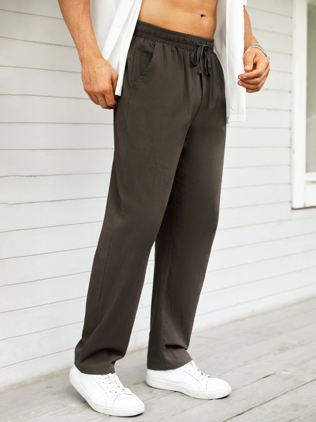 Men's Cotton Linen Elastic Waist Casual Trousers
