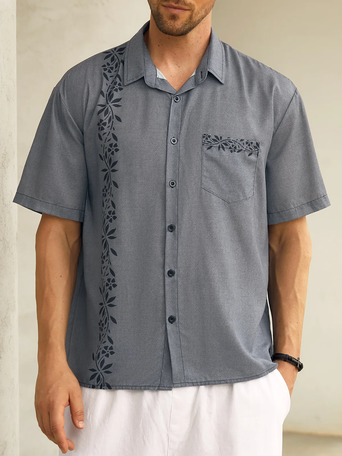 Plants Chest Pocket Short Sleeve Bowling Shirt