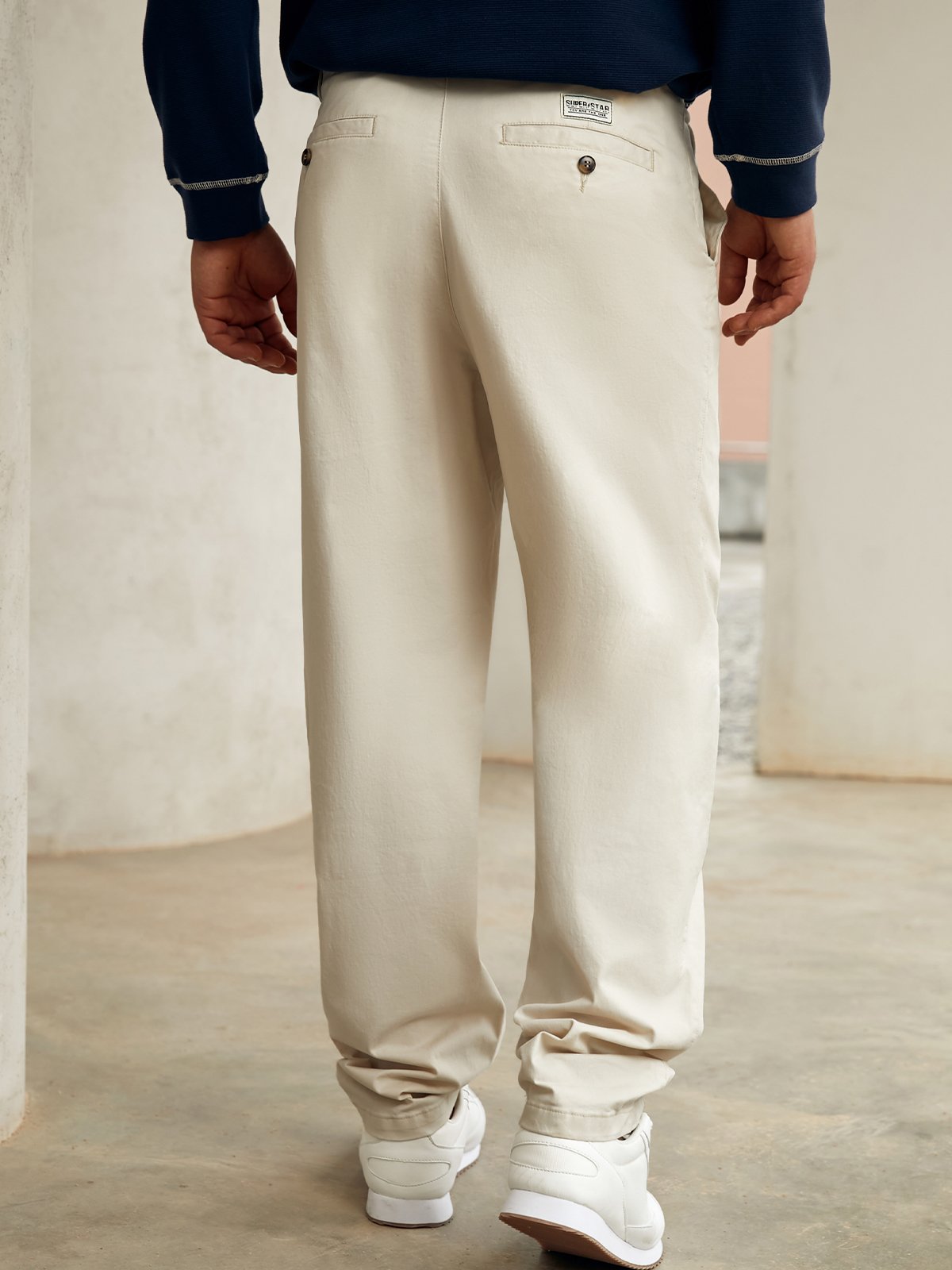 Cotton Blend Solid Straight Waist Casual Trousers