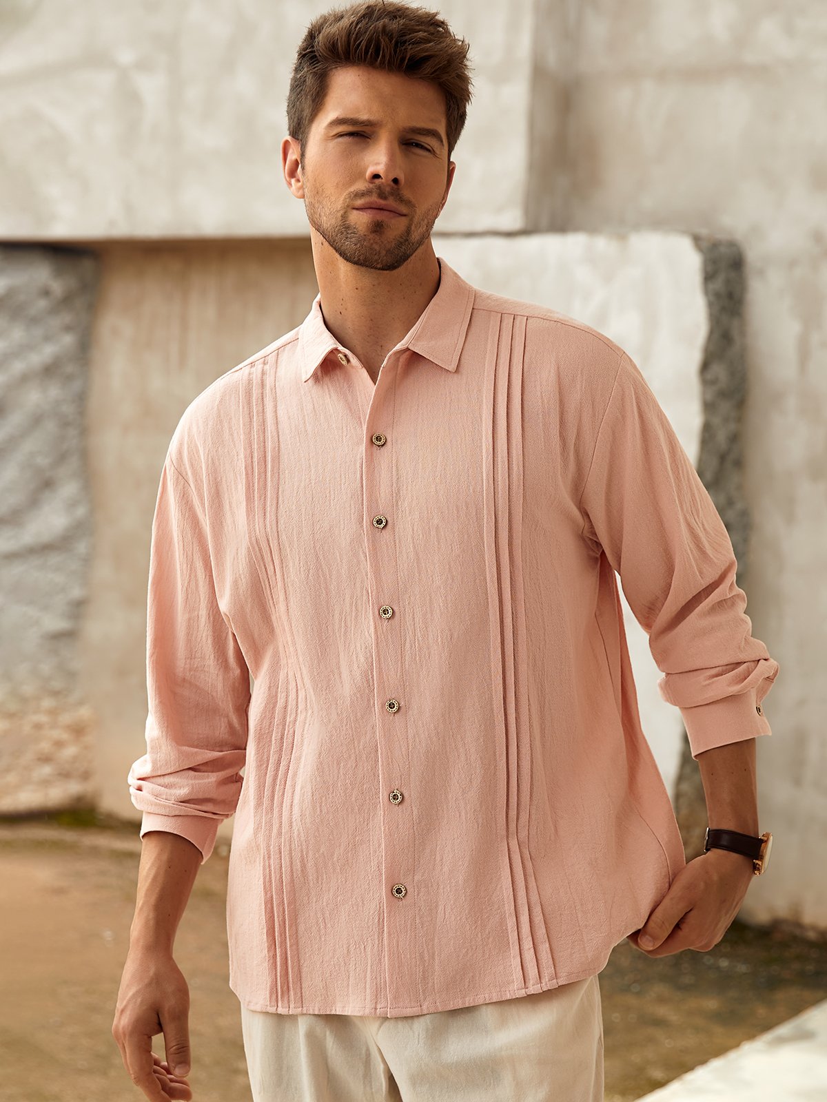 Cotton Pleats Long Sleeve Guayabera Shirt
