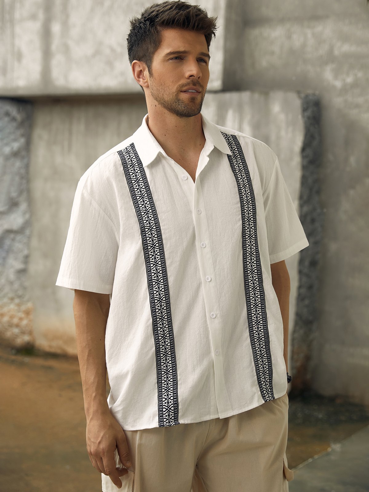 Geometric Stripe Short Sleeve Guayabera Shirt