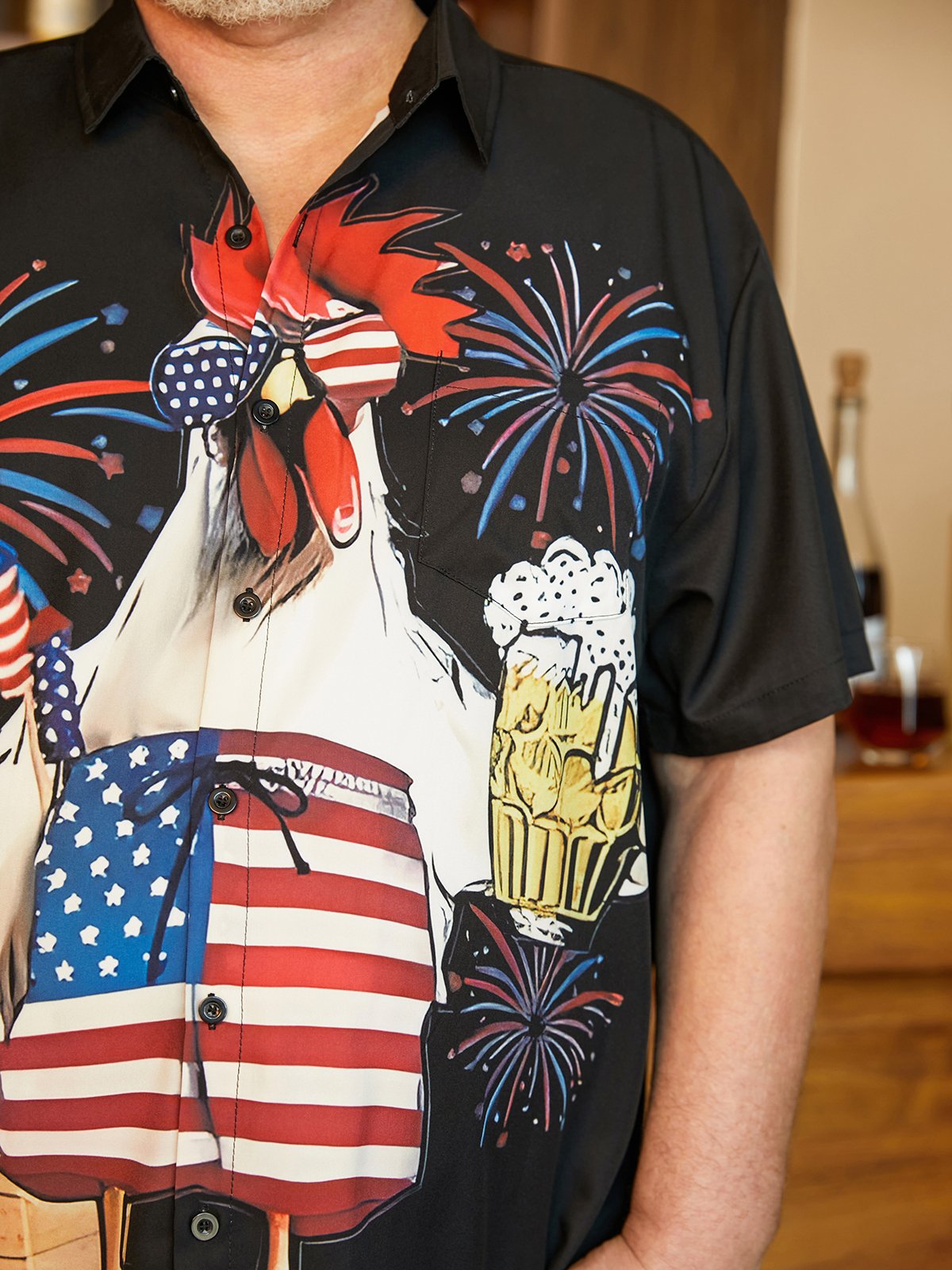 Big Size American Flag Rooster Chest Pocket Short Sleeve Shirt