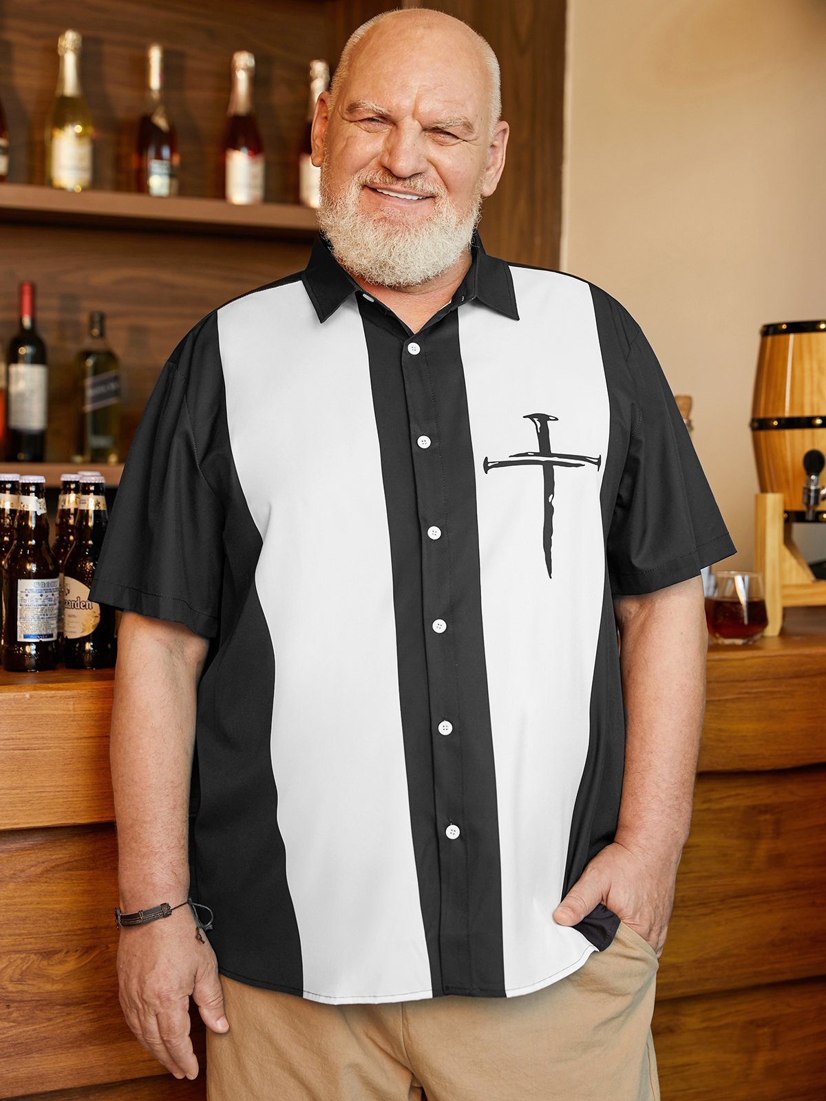 Big Size Crucifix Chest Pocket Short Sleeve Bowling Shirt