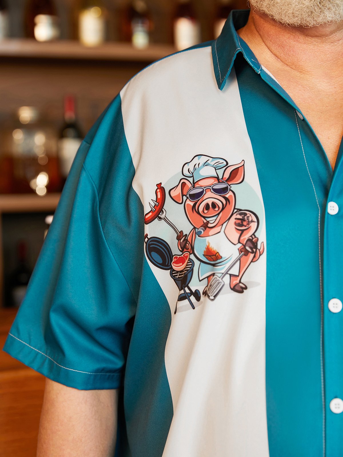 Big Size BBQ Chef Pig Chest Pocket Short Sleeve Bowling Shirt
