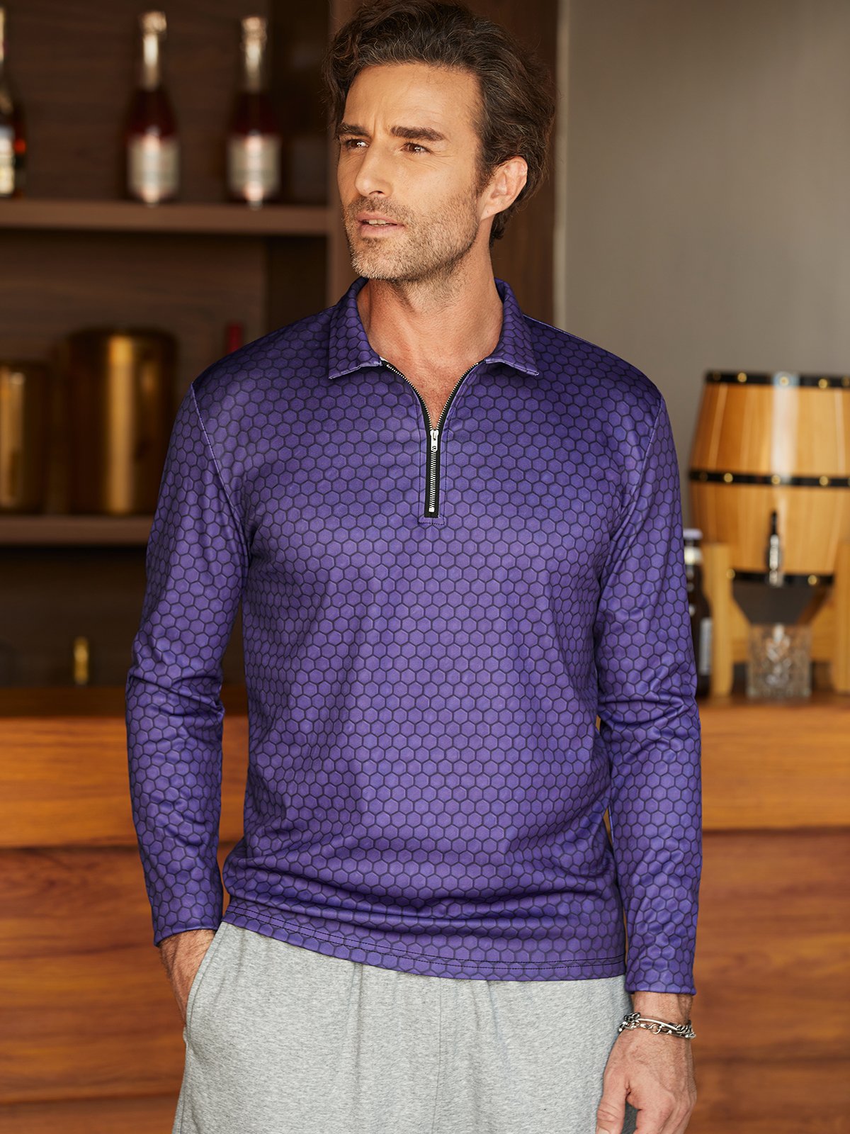 Geometric Zip Long Sleeves Casual Polo Shirt