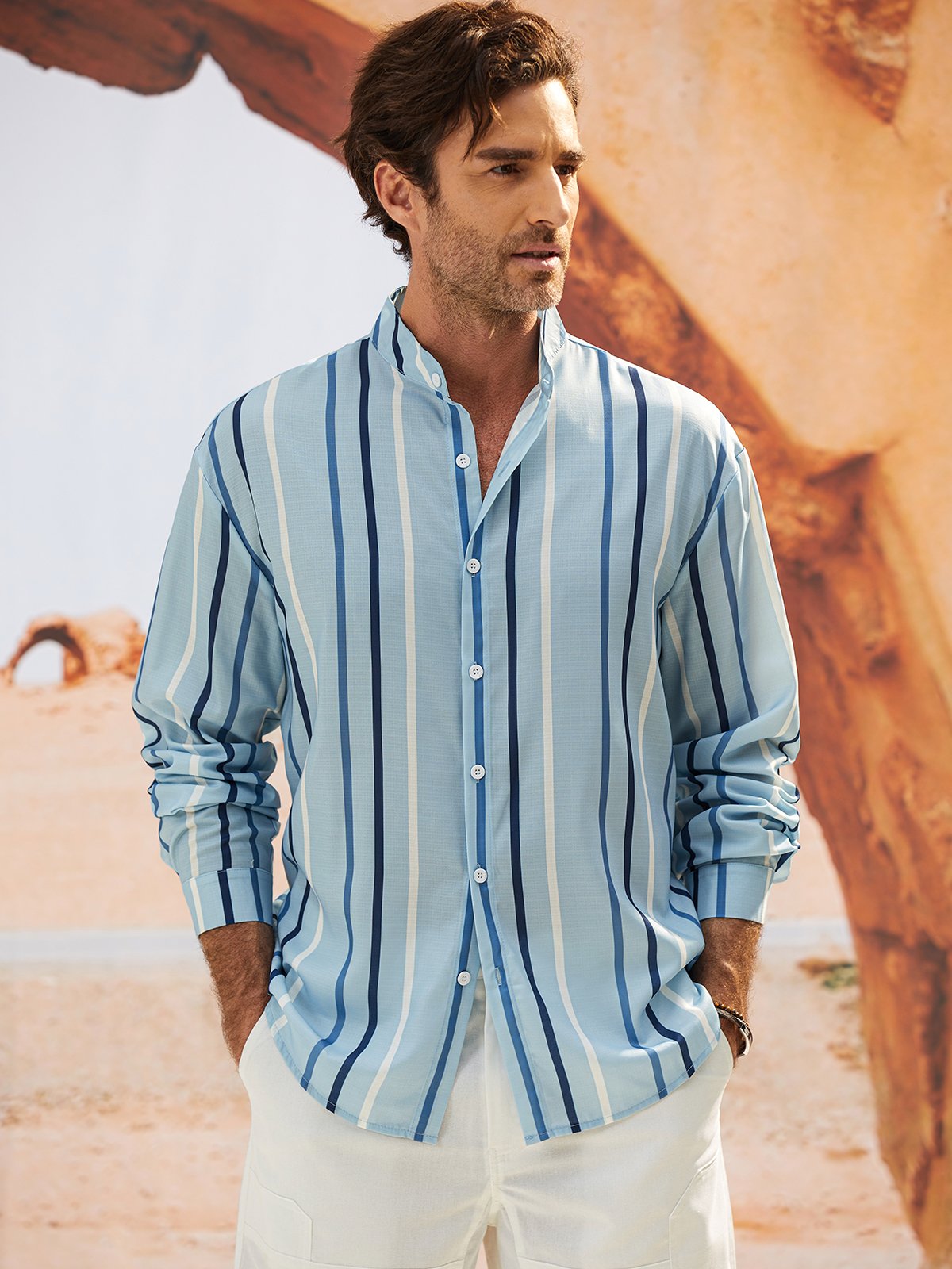 Striped Chest Pocket Long Sleeves Casual Shirt