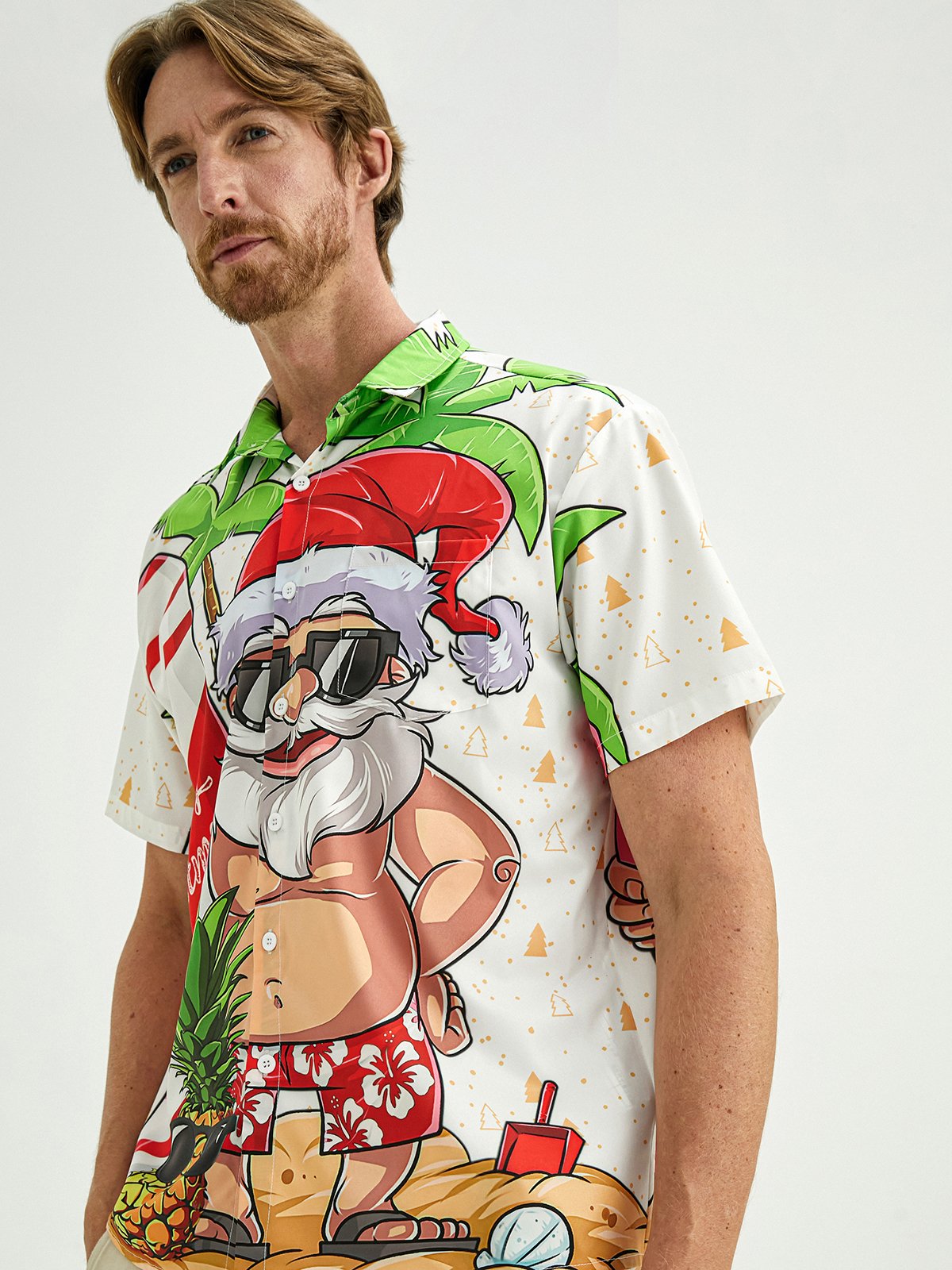 Mens Christmas Santa Surfing Print Short Sleeve Shirt Front Buttons Chest Pocket Casual Hawaiian Top