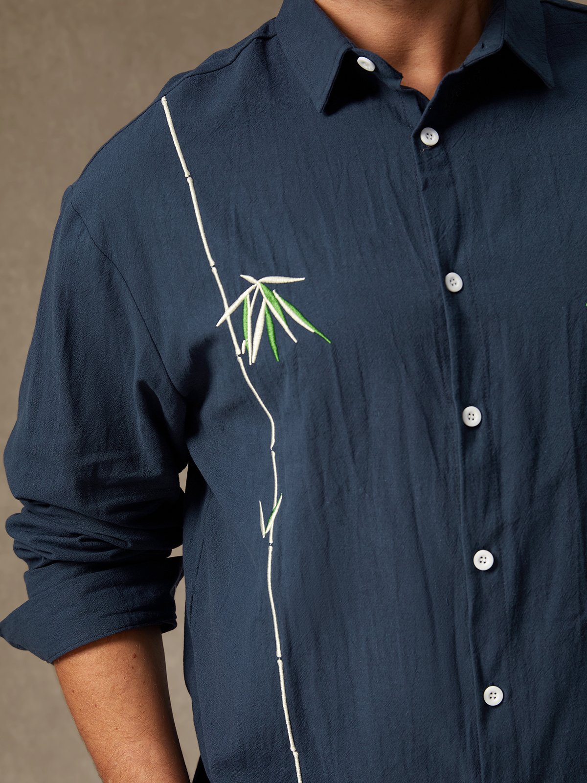 Cotton Bamboo Embroidered Long Sleeve Casual Shirt