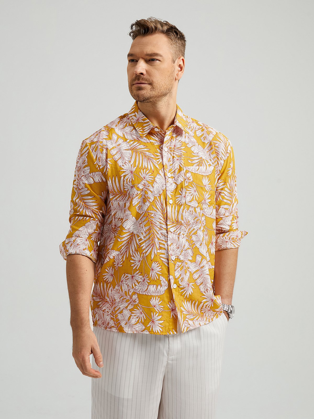Tropical Floral Chest Pocket Long Sleeve Casual Shirt