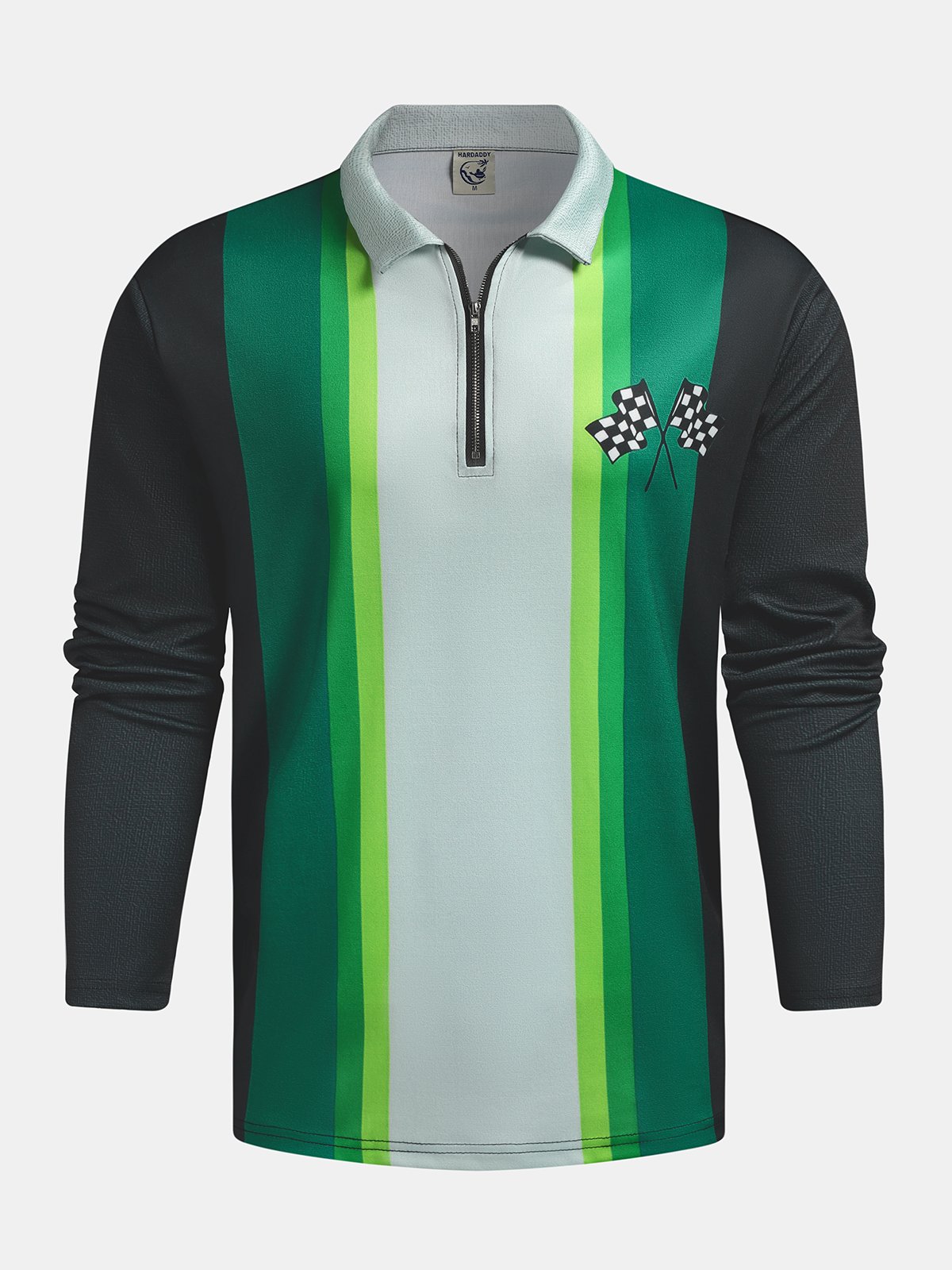 Racing Flag Button Long Sleeve Casual Bowling Polo Shirt