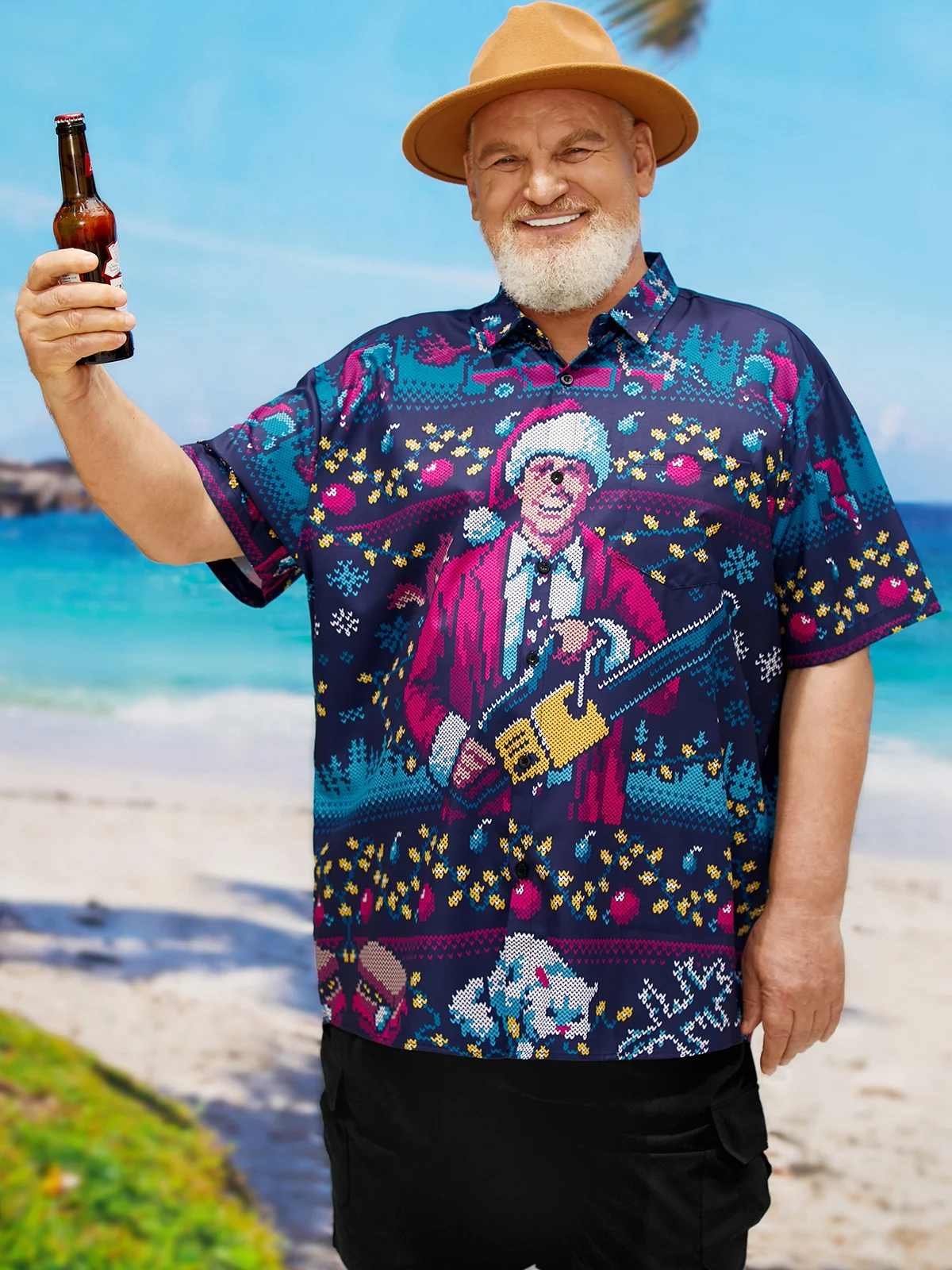 Big Size Christmas Chest Pocket Short Sleeve Casual Shirt