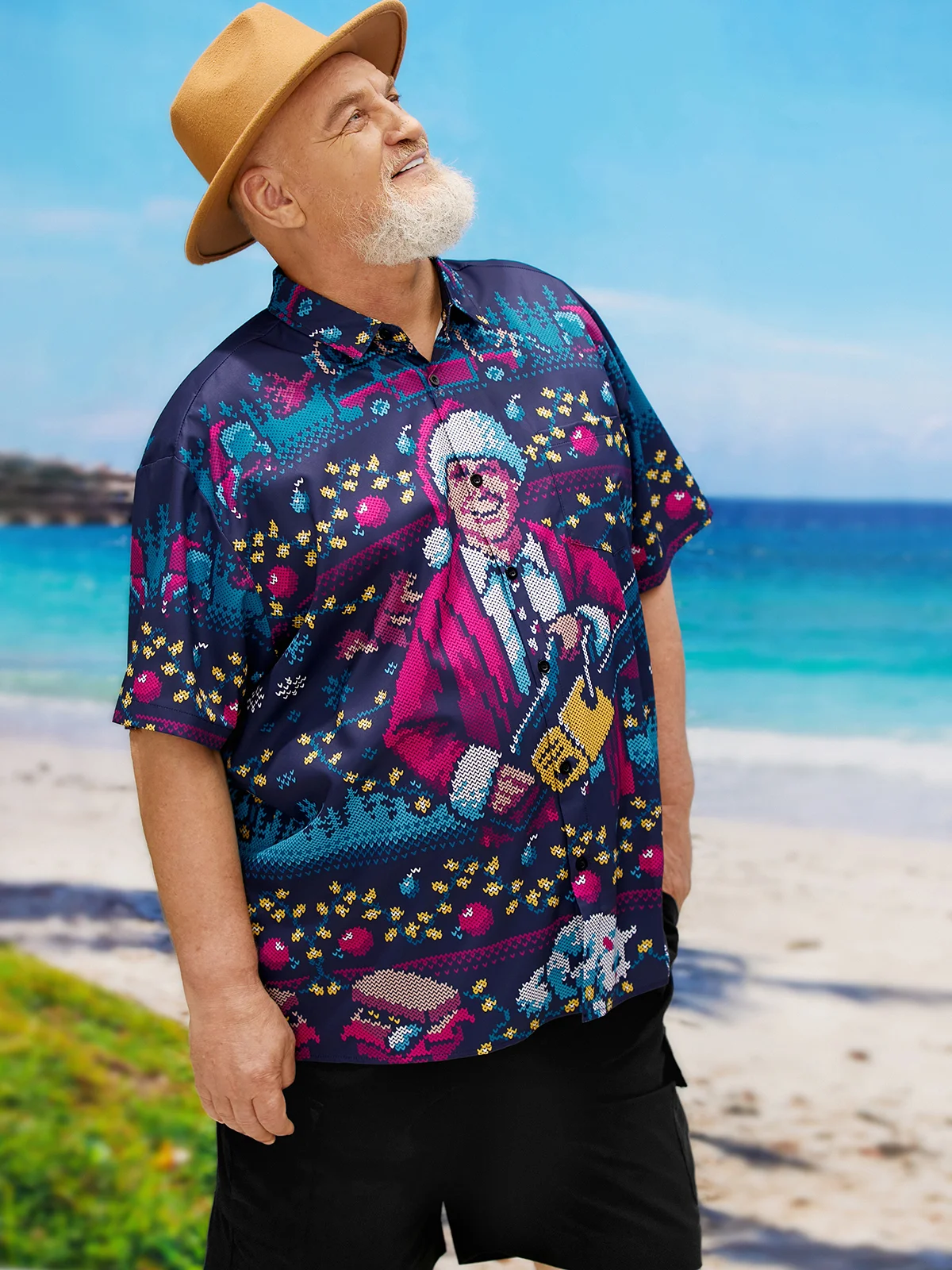 Big Size Christmas Chest Pocket Short Sleeve Casual Shirt