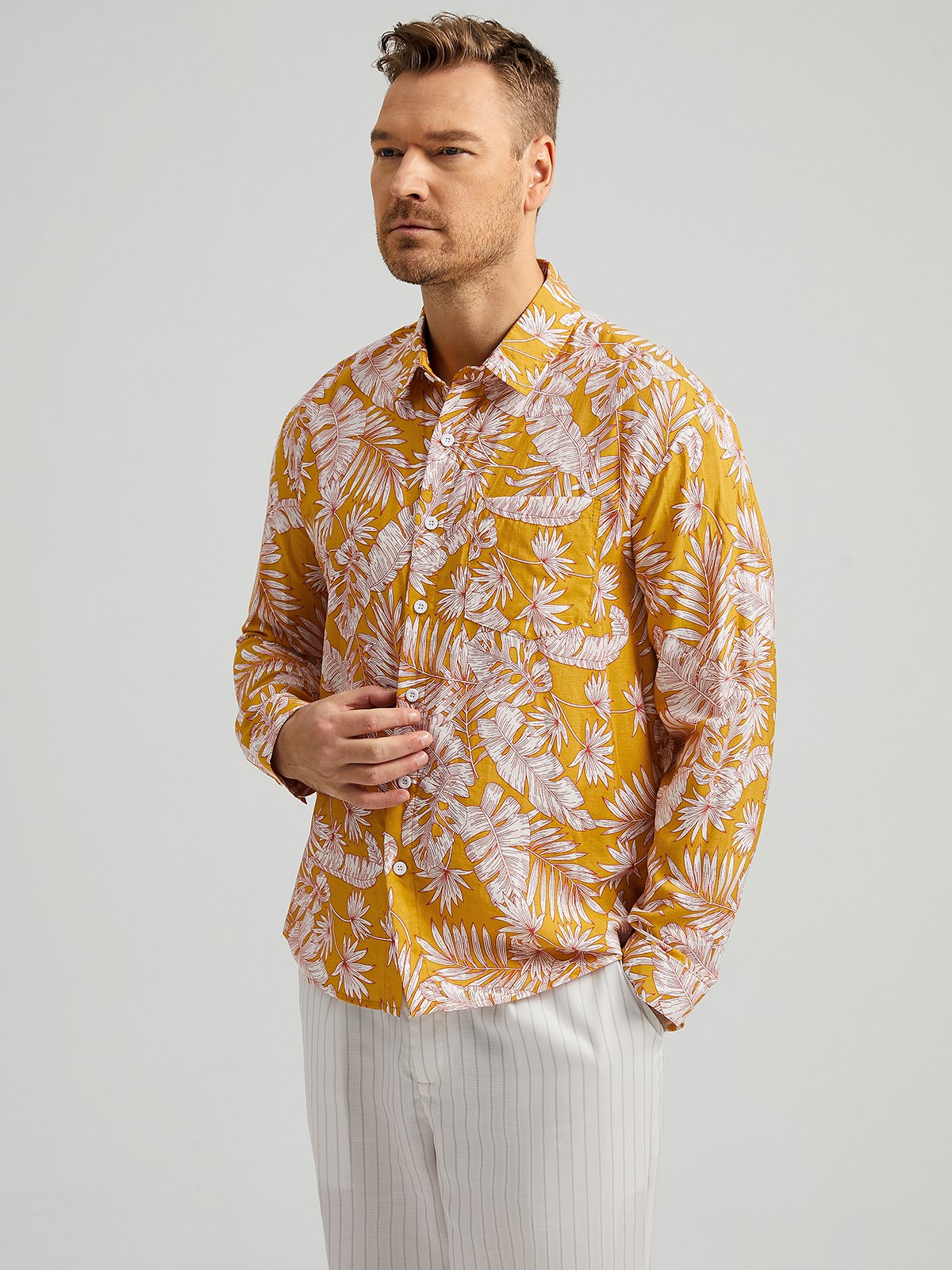 Tropical Floral Chest Pocket Long Sleeve Casual Shirt