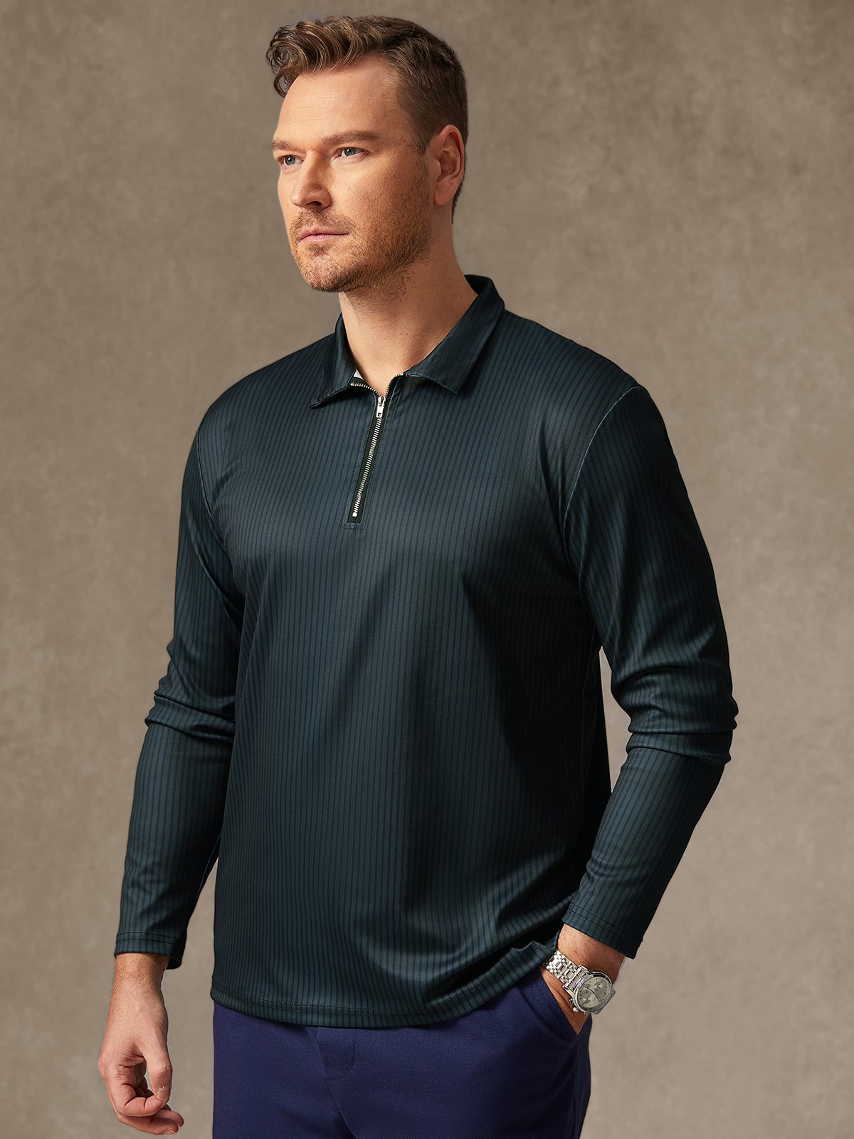 Striped Zip Long Sleeves Casual Polo Shirt