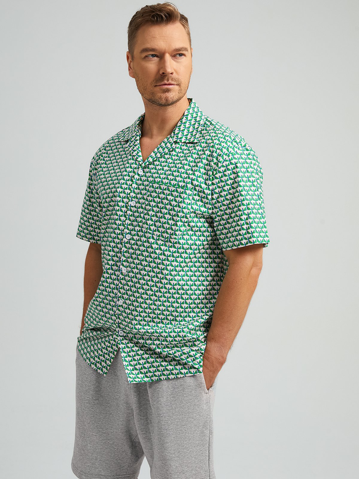 Geometric Color Block Chest Pocket Long Sleeves Casual Shirt