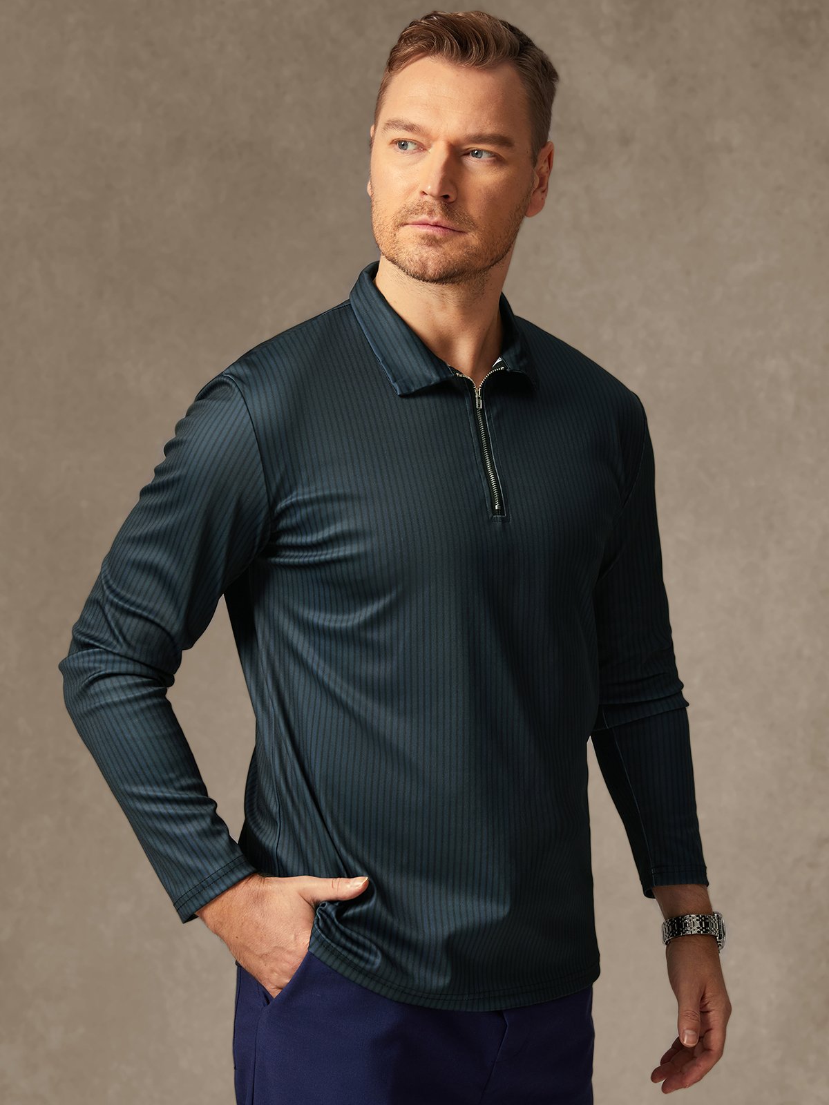 Striped Zip Long Sleeves Casual Polo Shirt