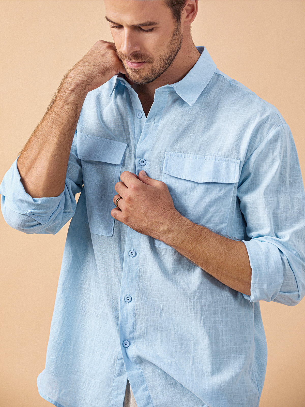 Cotton Linen Plain Chest Pocket Long Sleeve Casual Shirt