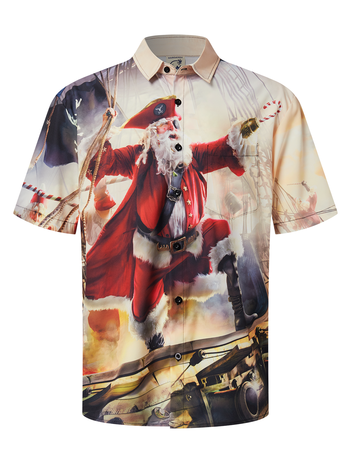 Christmas Pirate Santa Chest Pocket Short Sleeve Hawaiian Shirt