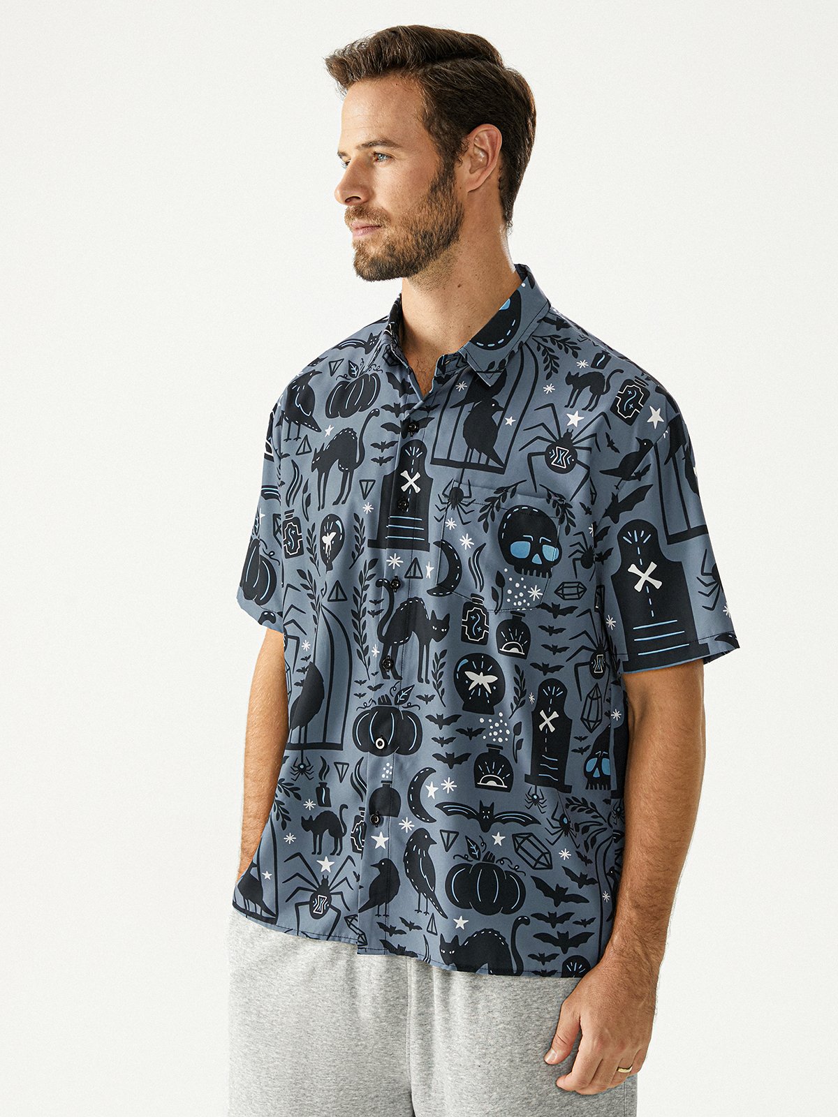 Halloween Cat Chest Pocket Short Sleeve Casual Shirt