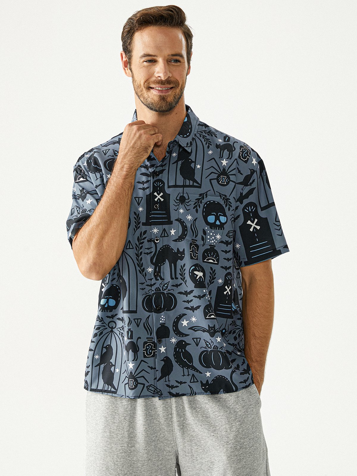 Halloween Cat Chest Pocket Short Sleeve Casual Shirt