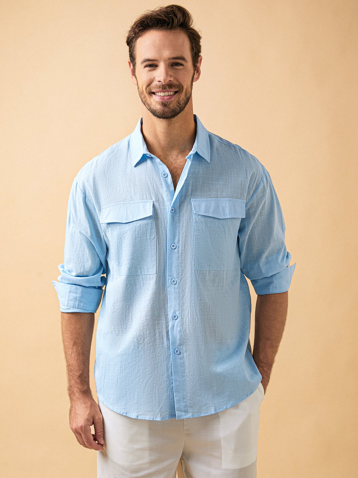 Cotton Linen Plain Chest Pocket Long Sleeve Casual Shirt