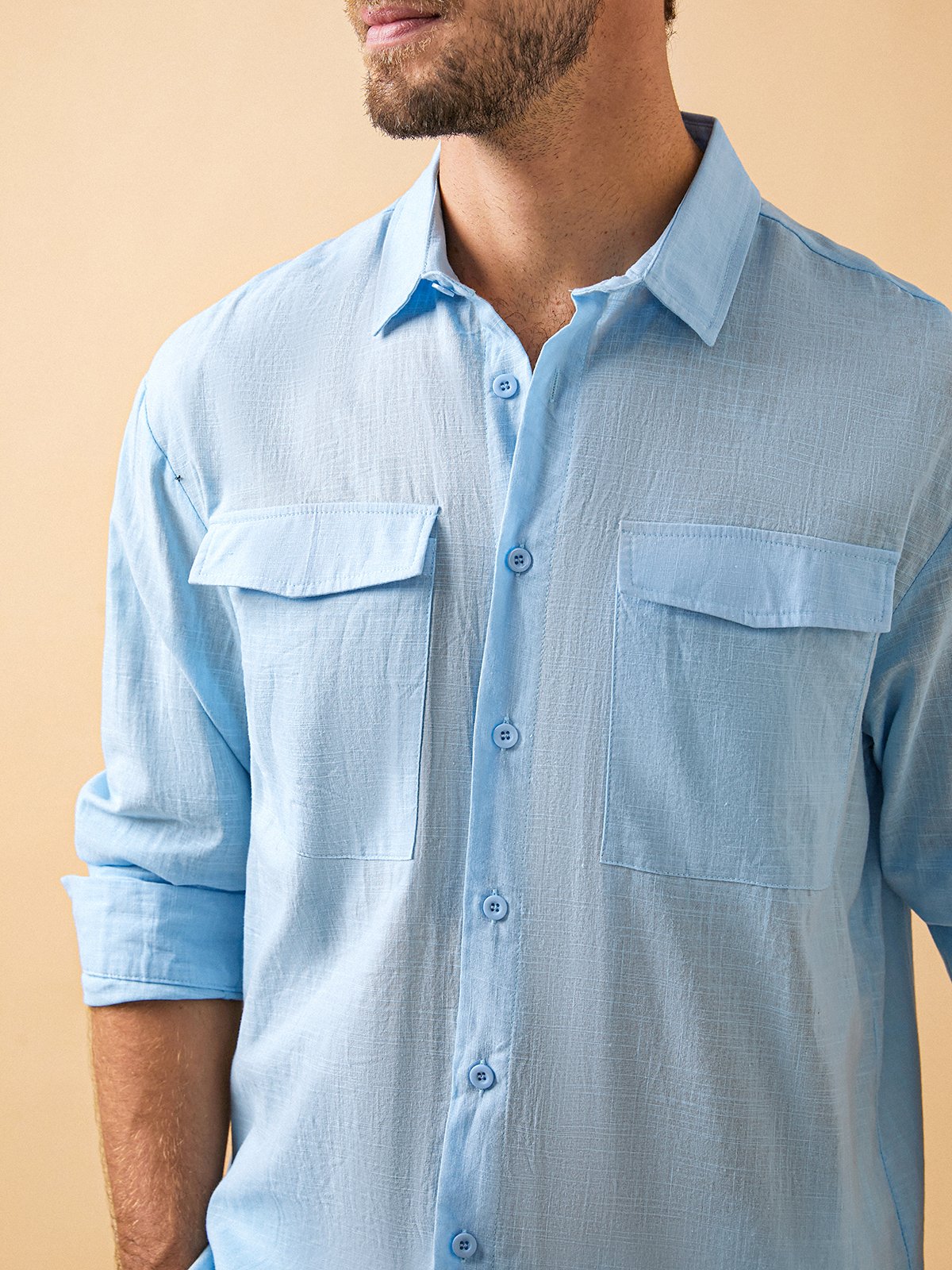 Cotton Linen Plain Chest Pocket Long Sleeve Casual Shirt