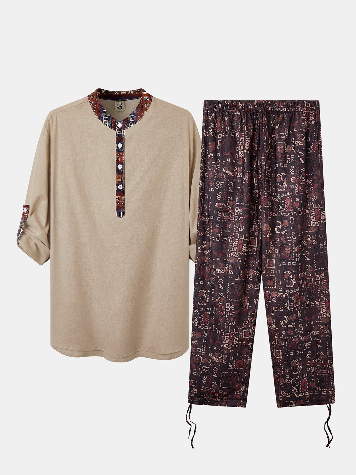 Cotton Plain Stitching Contrast Color Long Sleeve Casual Shirt