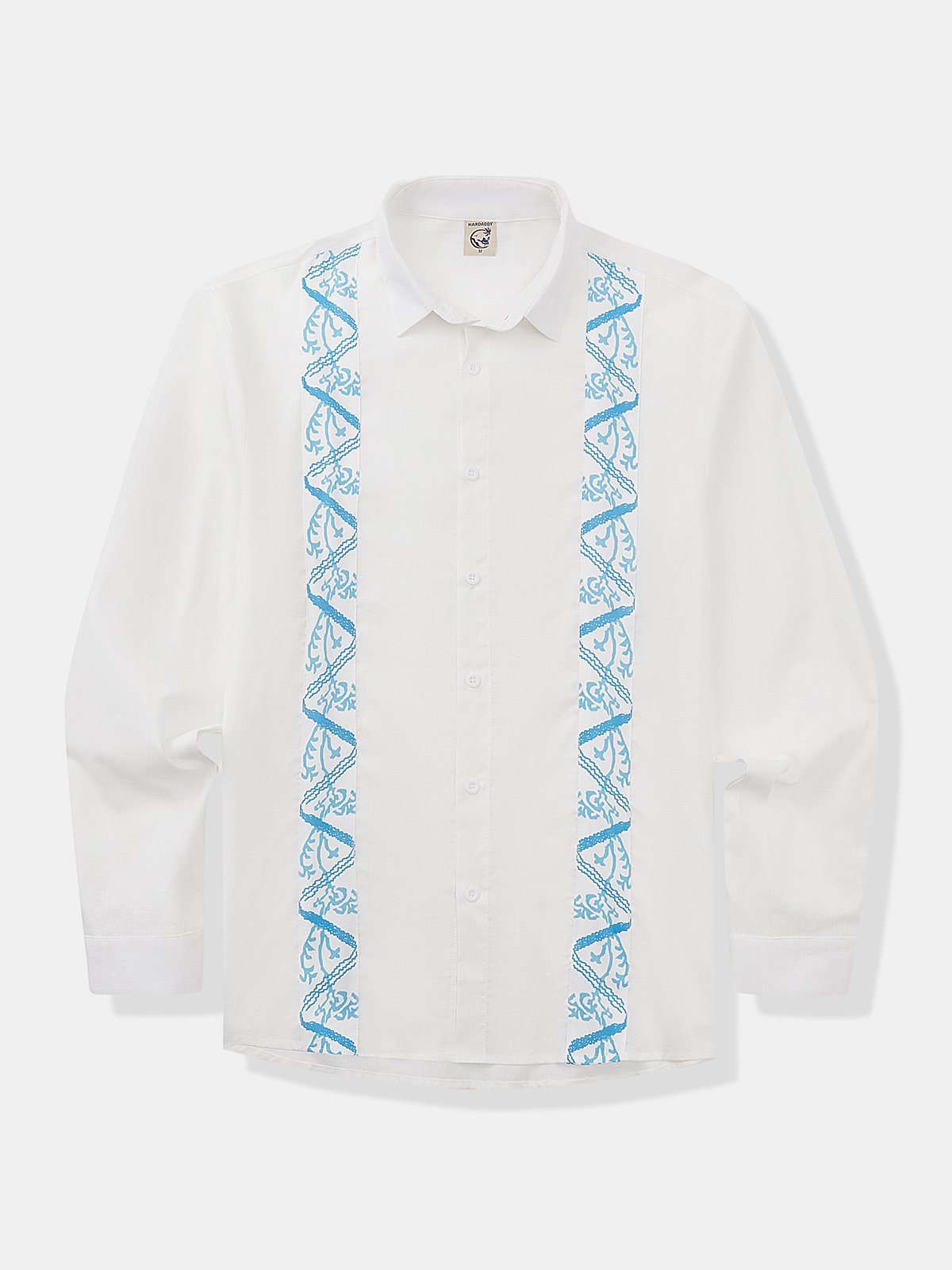 Geometric Floral Stripe Chest Pocket Long Sleeve Guayabera Shirt